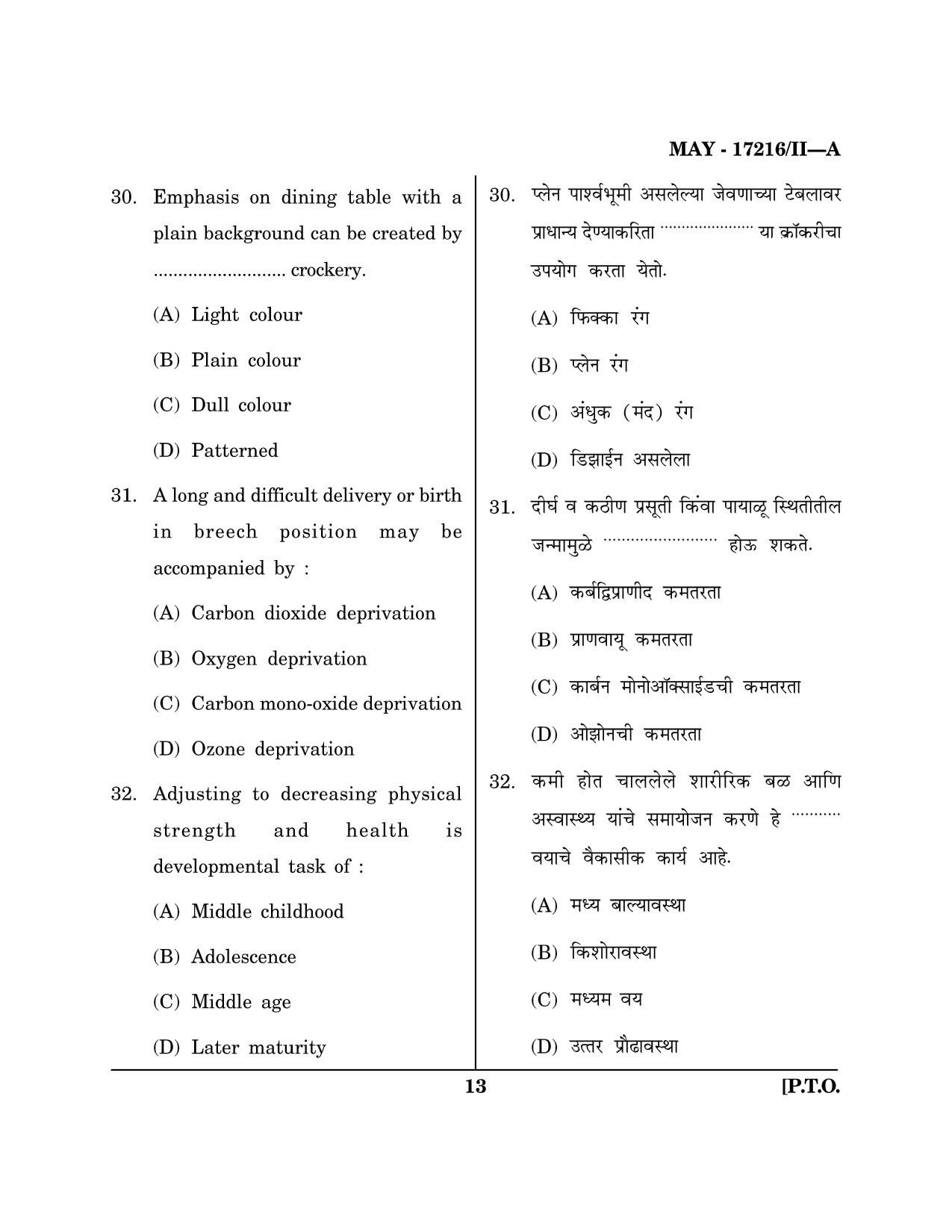Maharashtra SET Home Science Question Paper II May 2016 12