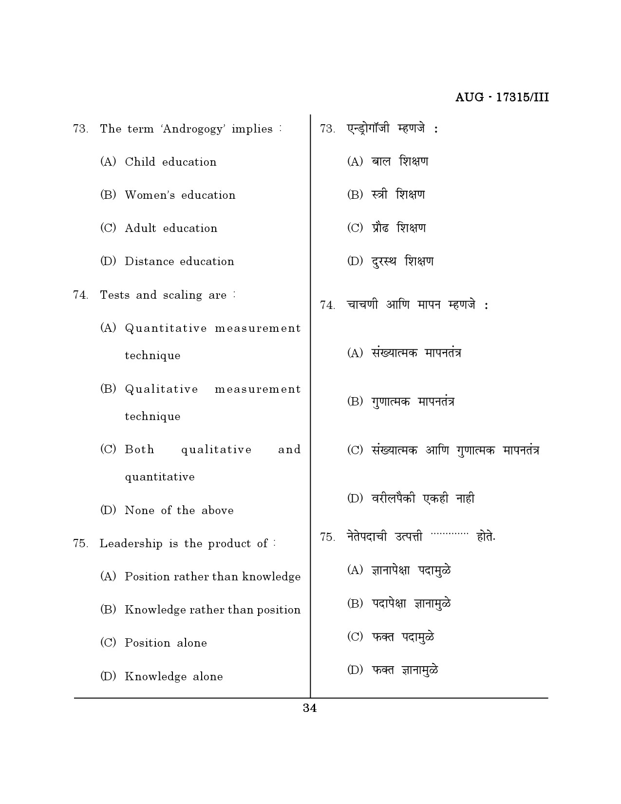 Maharashtra SET Home Science Question Paper III August 2015 33
