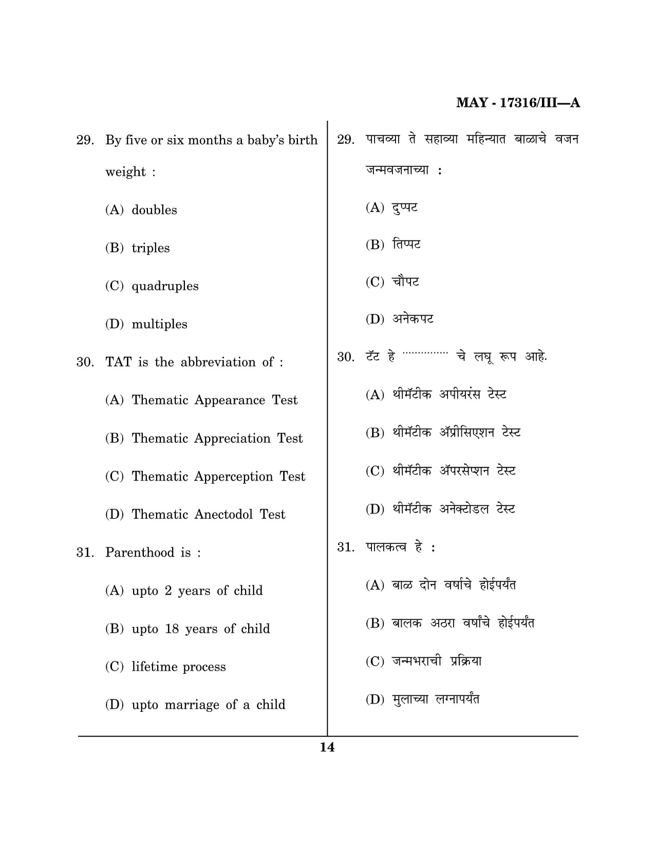 Maharashtra SET Home Science Question Paper III May 2016 13