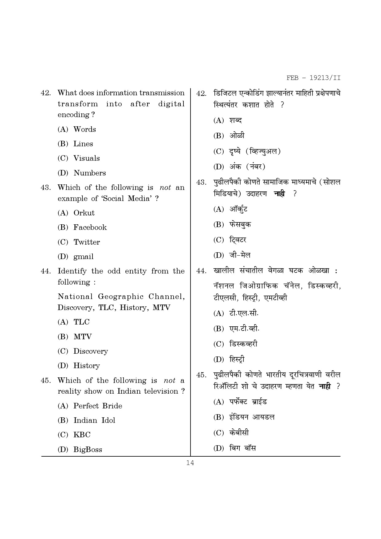 Maharashtra SET Journalism and Mass Communication Question Paper II February 2013 14