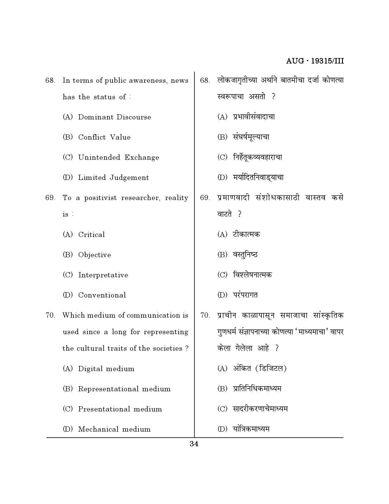 Maharashtra SET Journalism and Mass Communication Question Paper III August 2015 33