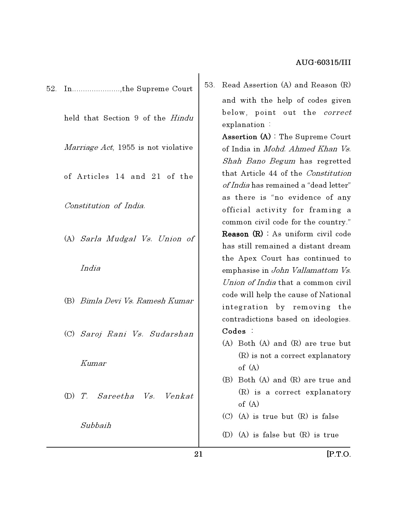 Maharashtra SET Law Question Paper III August 2015 20