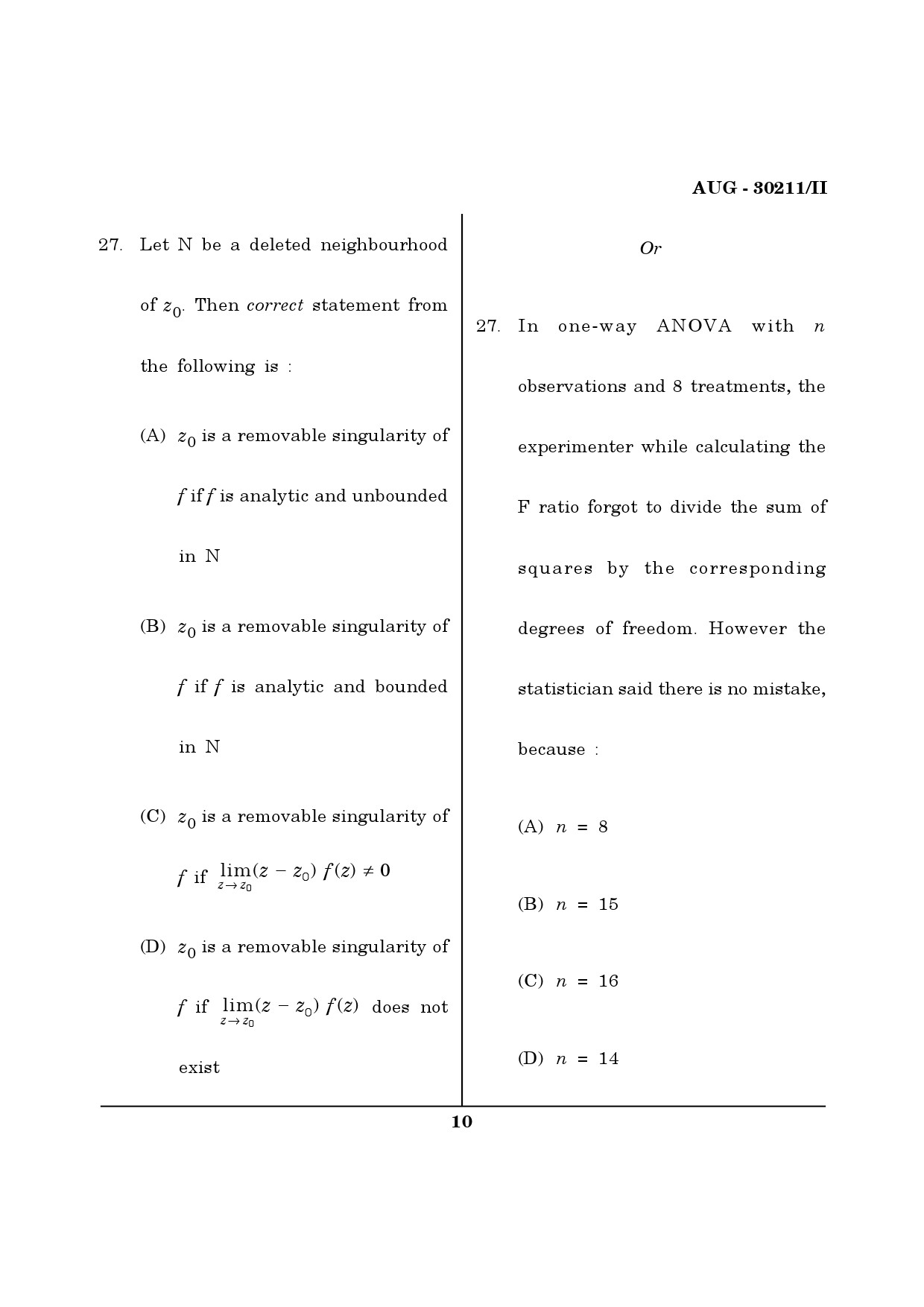 Maharashtra SET Mathematical Sciences Question Paper II August 2011 10