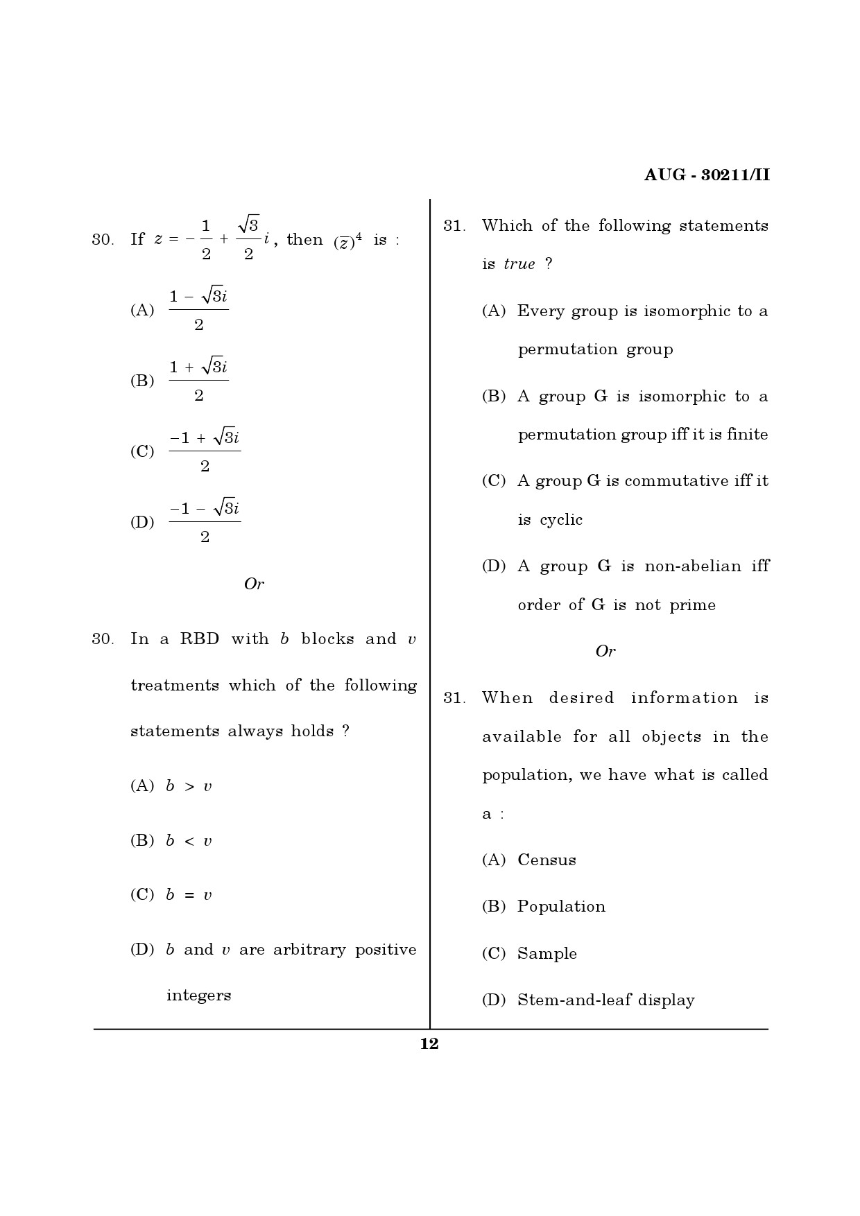 Maharashtra SET Mathematical Sciences Question Paper II August 2011 12