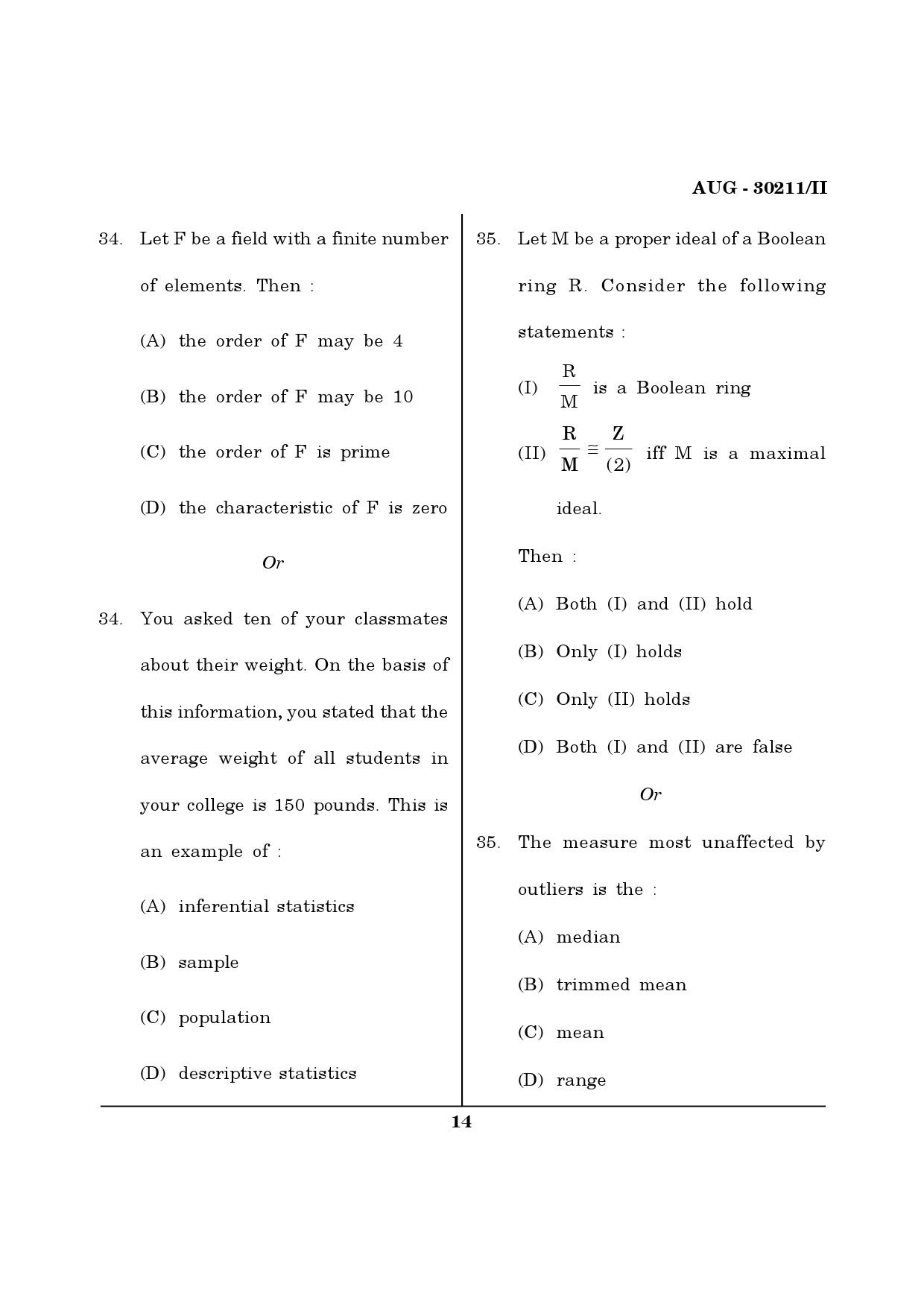 Maharashtra SET Mathematical Sciences Question Paper II August 2011 14