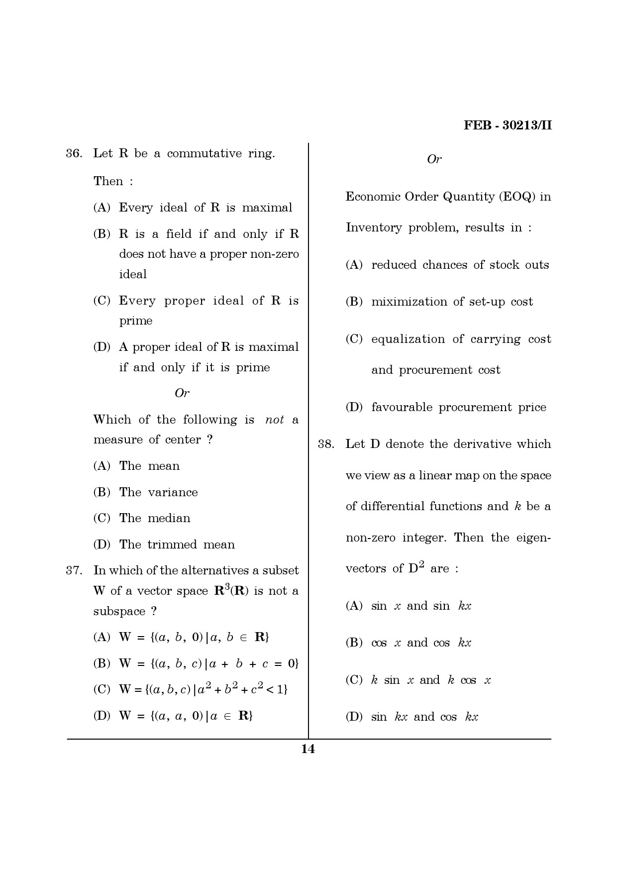 Maharashtra SET Mathematical Sciences Question Paper II February 2013 14