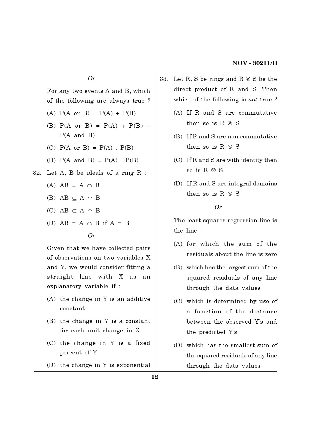 Maharashtra SET Mathematical Sciences Question Paper II November 2011 12