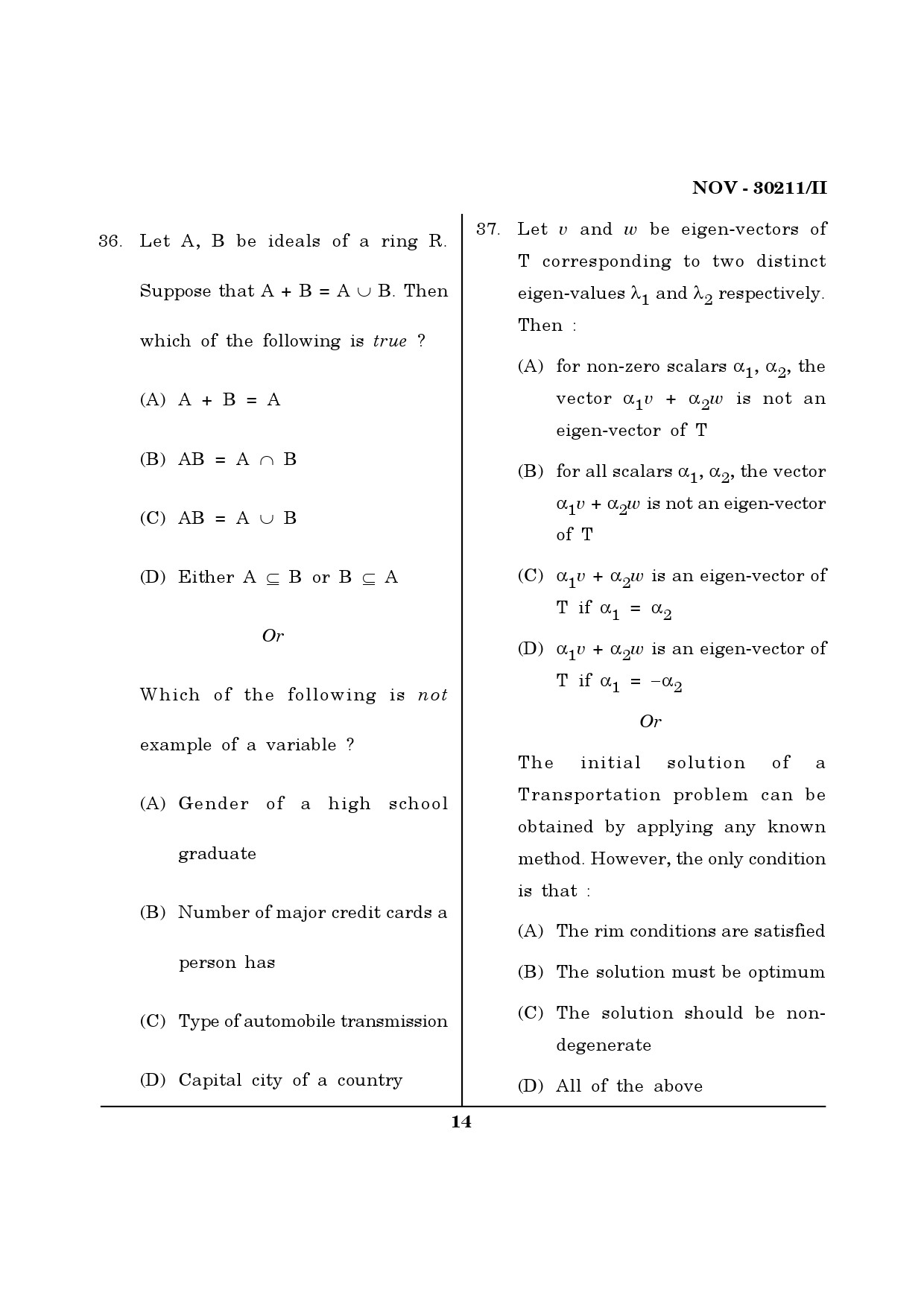 Maharashtra SET Mathematical Sciences Question Paper II November 2011 14