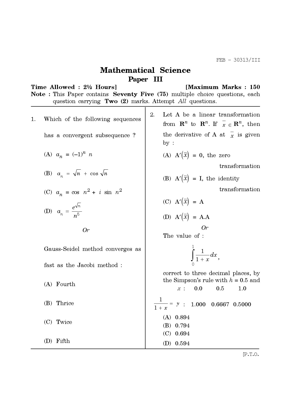 Maharashtra SET Mathematical Sciences Question Paper III February 2013 1