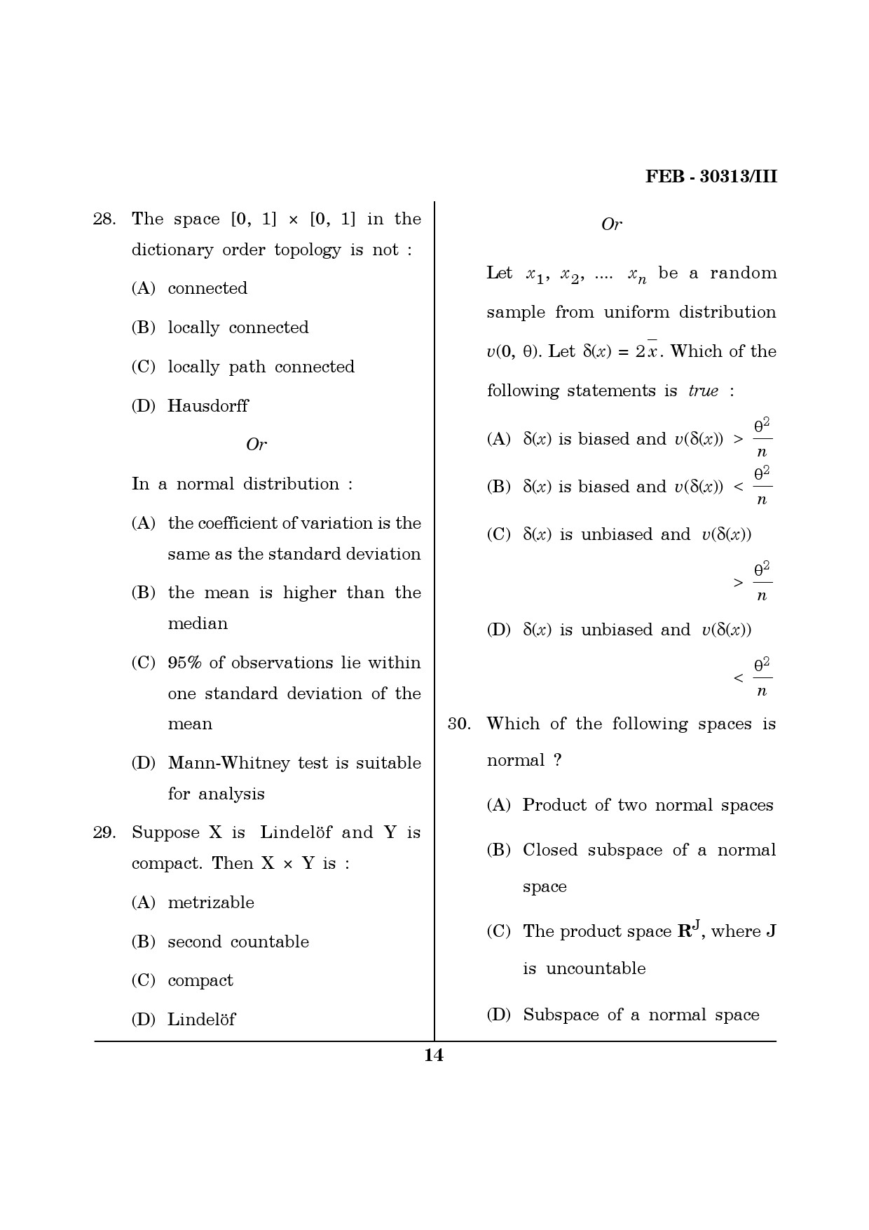 Maharashtra SET Mathematical Sciences Question Paper III February 2013 14