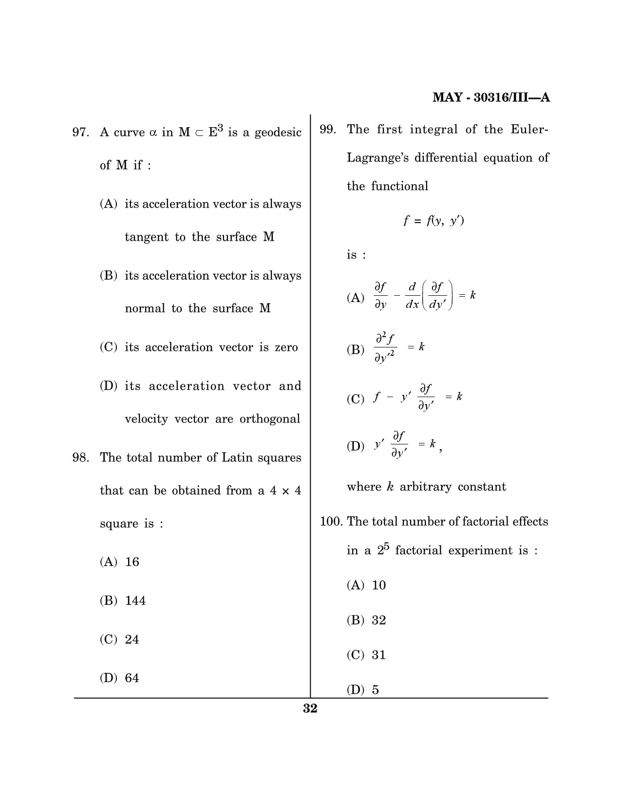 Maharashtra SET Mathematical Sciences Question Paper III May 2016 31