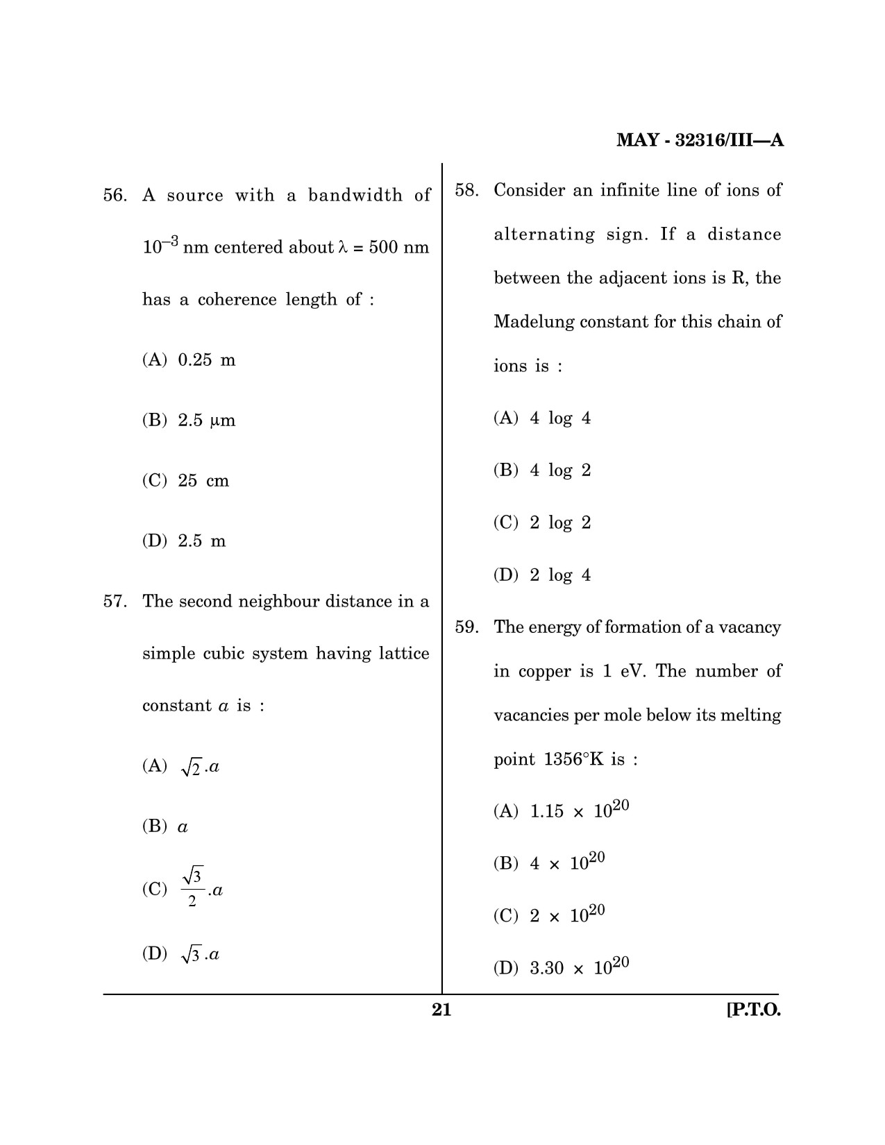 Maharashtra SET Physical Science Question Paper III May 2016 20