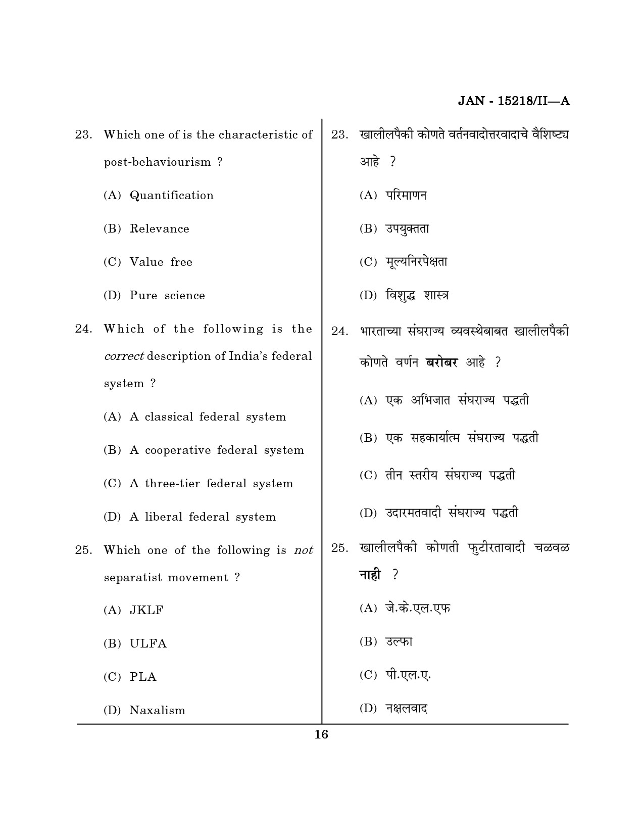 Maharashtra SET Political Science Question Paper II January 2018 15
