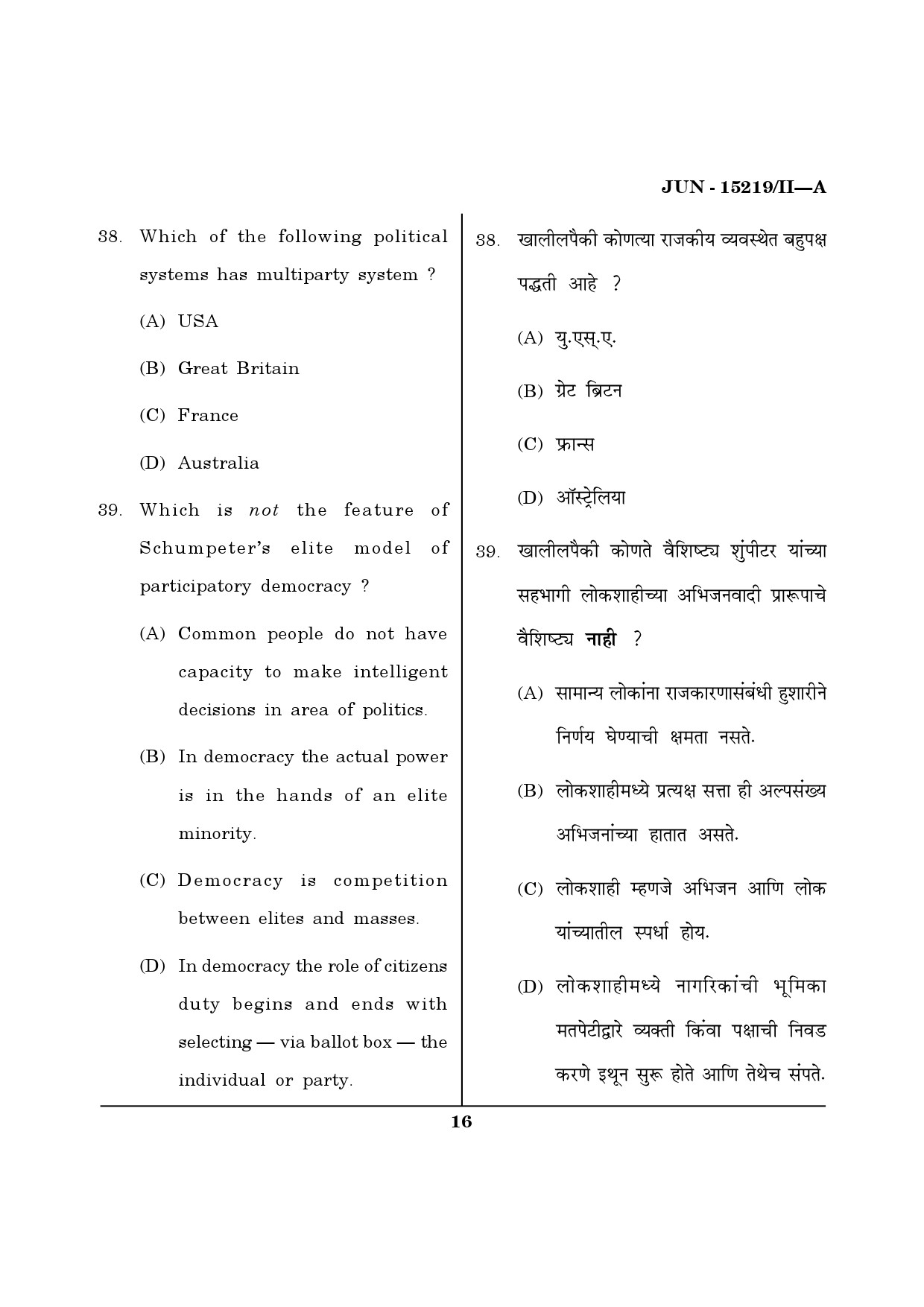 Maharashtra SET Political Science Question Paper II June 2019 15