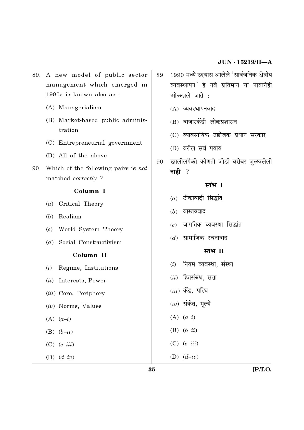 Maharashtra SET Political Science Question Paper II June 2019 34