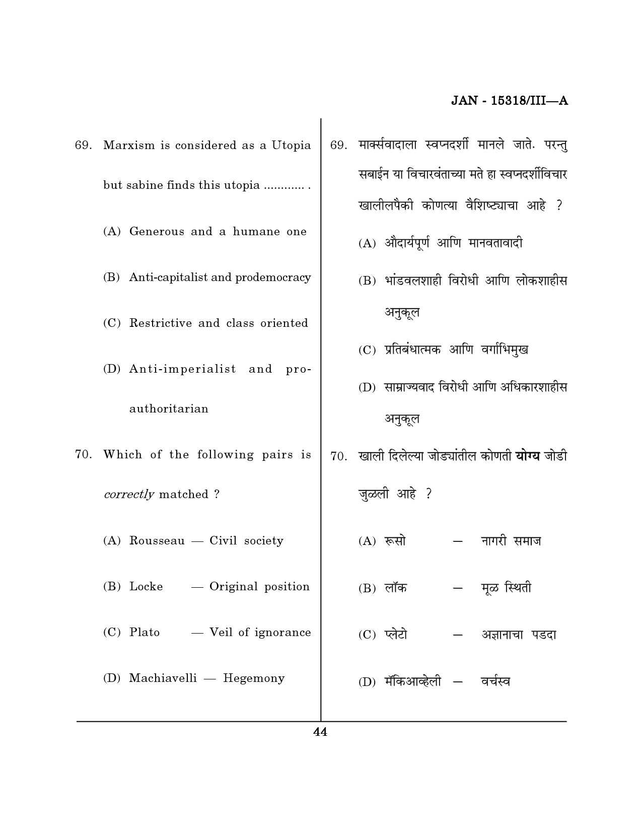 Maharashtra SET Political Science Question Paper III January 2018 43