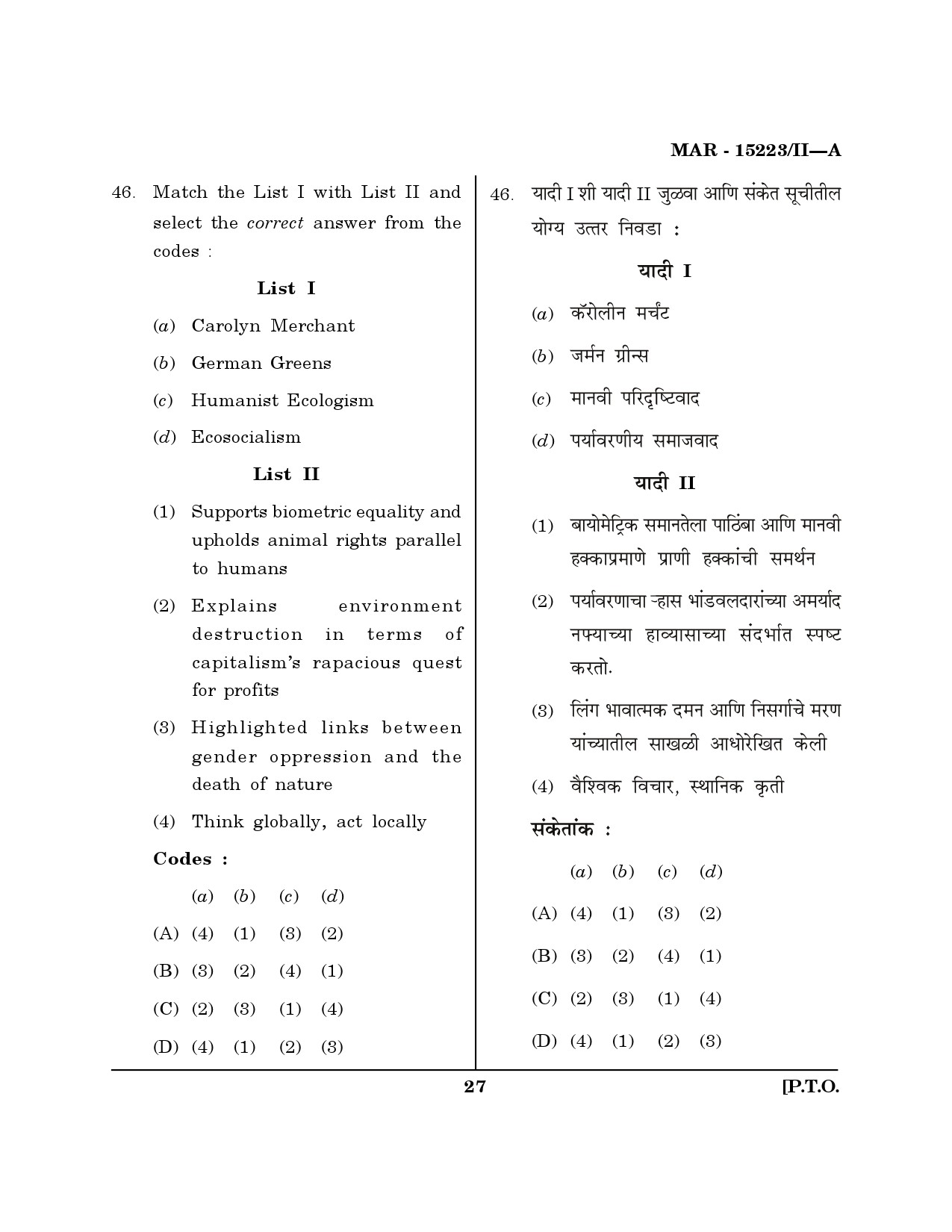 MH SET Political Science Question Paper II March 2023 26