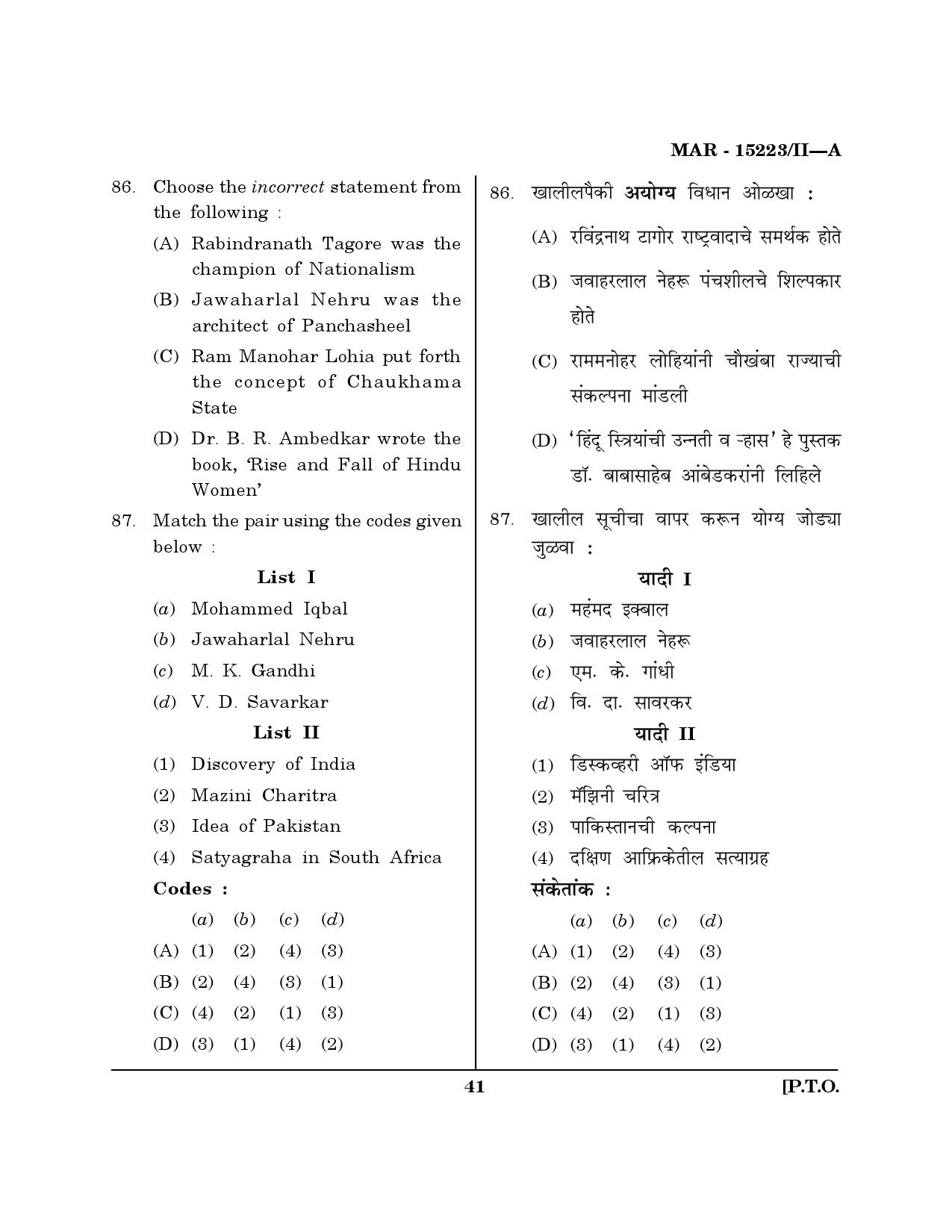 MH SET Political Science Question Paper II March 2023 40