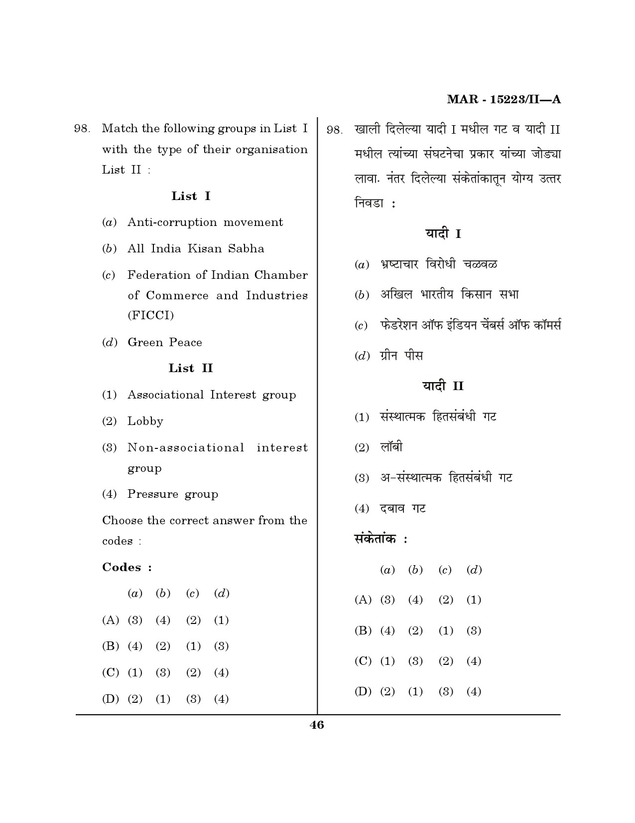 MH SET Political Science Question Paper II March 2023 45