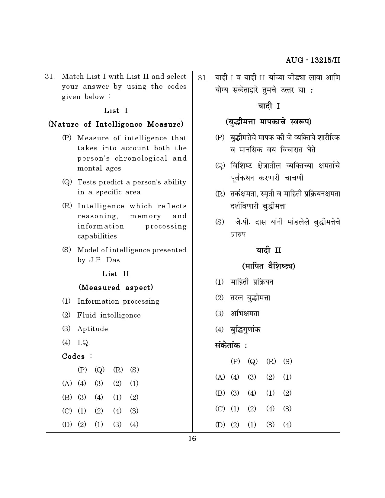 Maharashtra SET Psychology Question Paper II August 2015 15