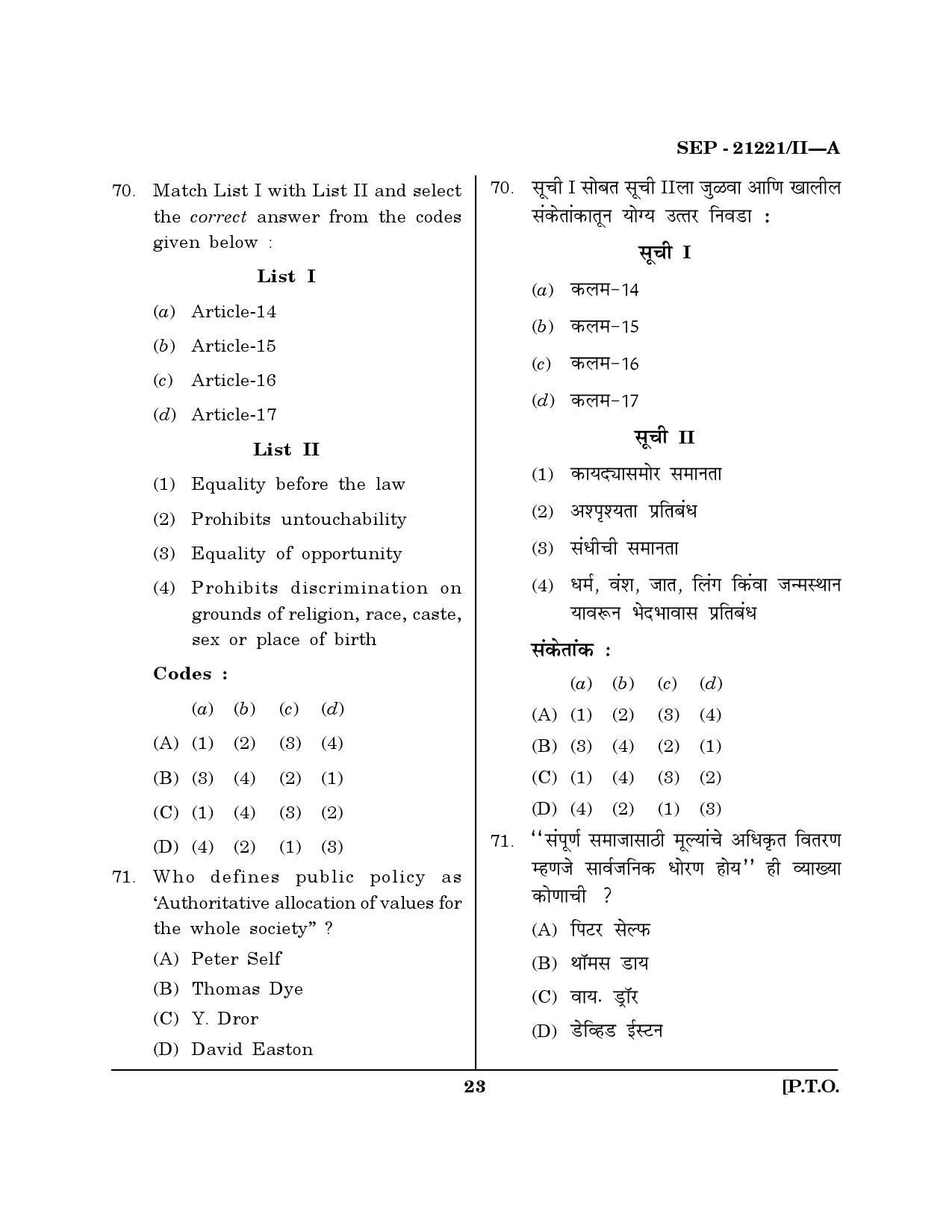 Maharashtra SET Public Administration Exam Question Paper September 2021 22