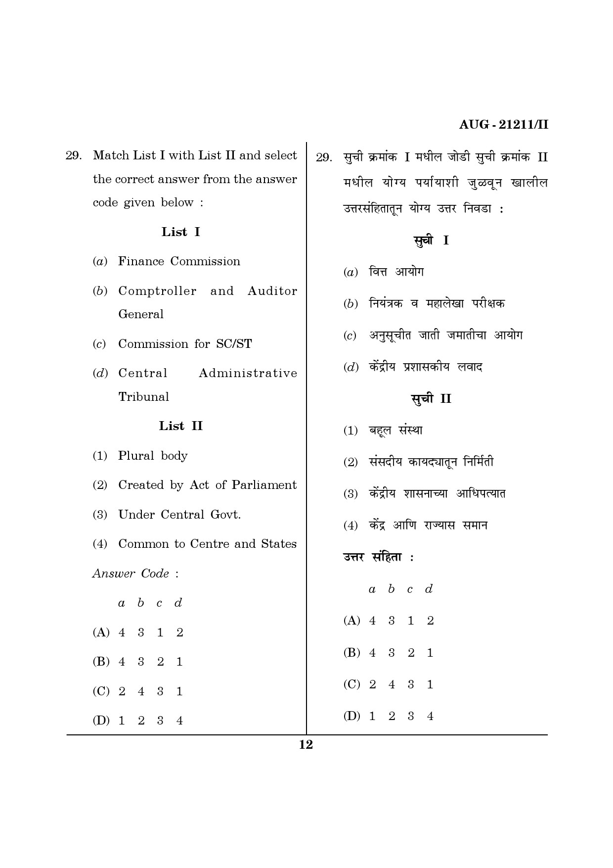 Maharashtra SET Public Administration Question Paper II August 2011 12