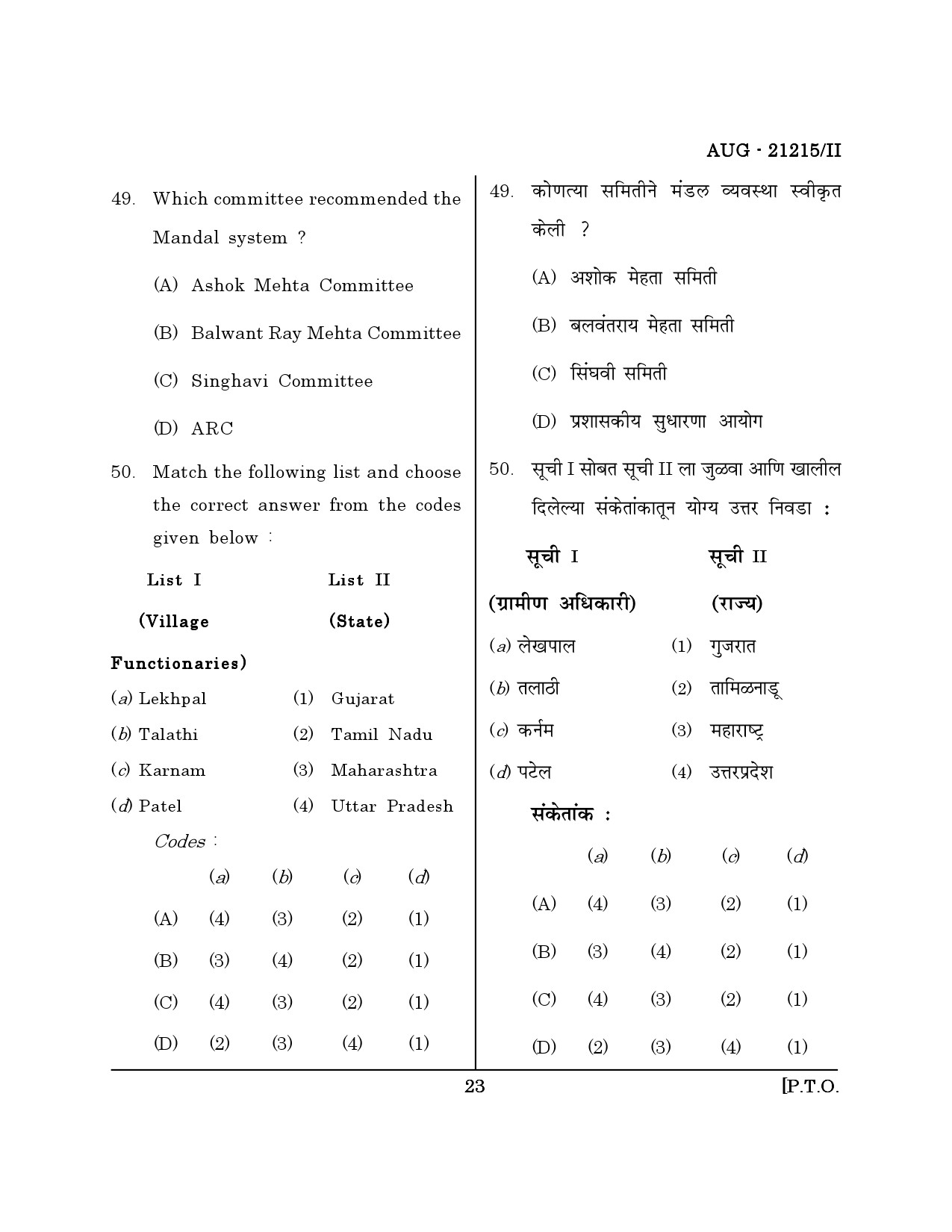 Maharashtra SET Public Administration Question Paper II August 2015 22