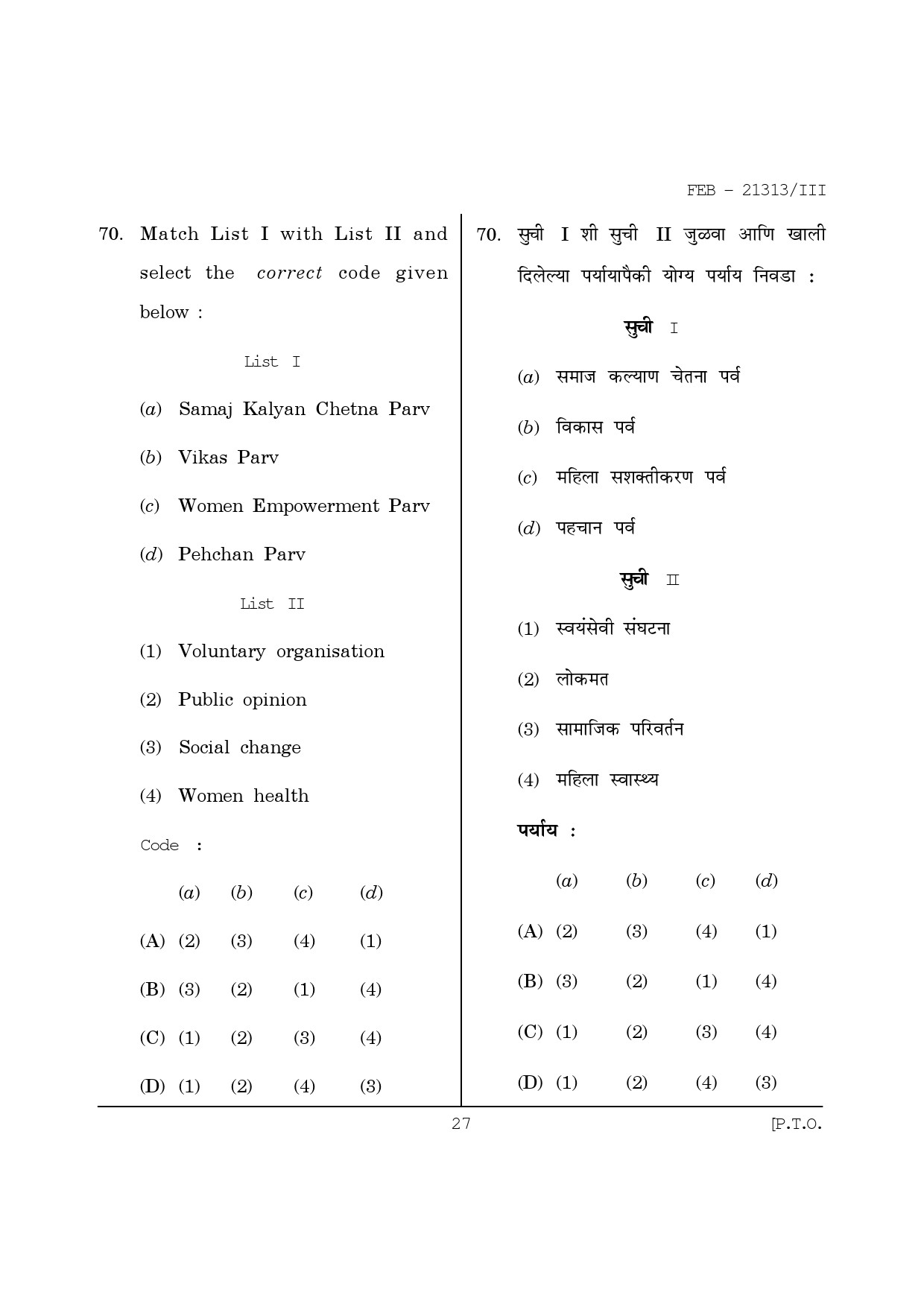 Maharashtra SET Public Administration Question Paper III February 2013 27