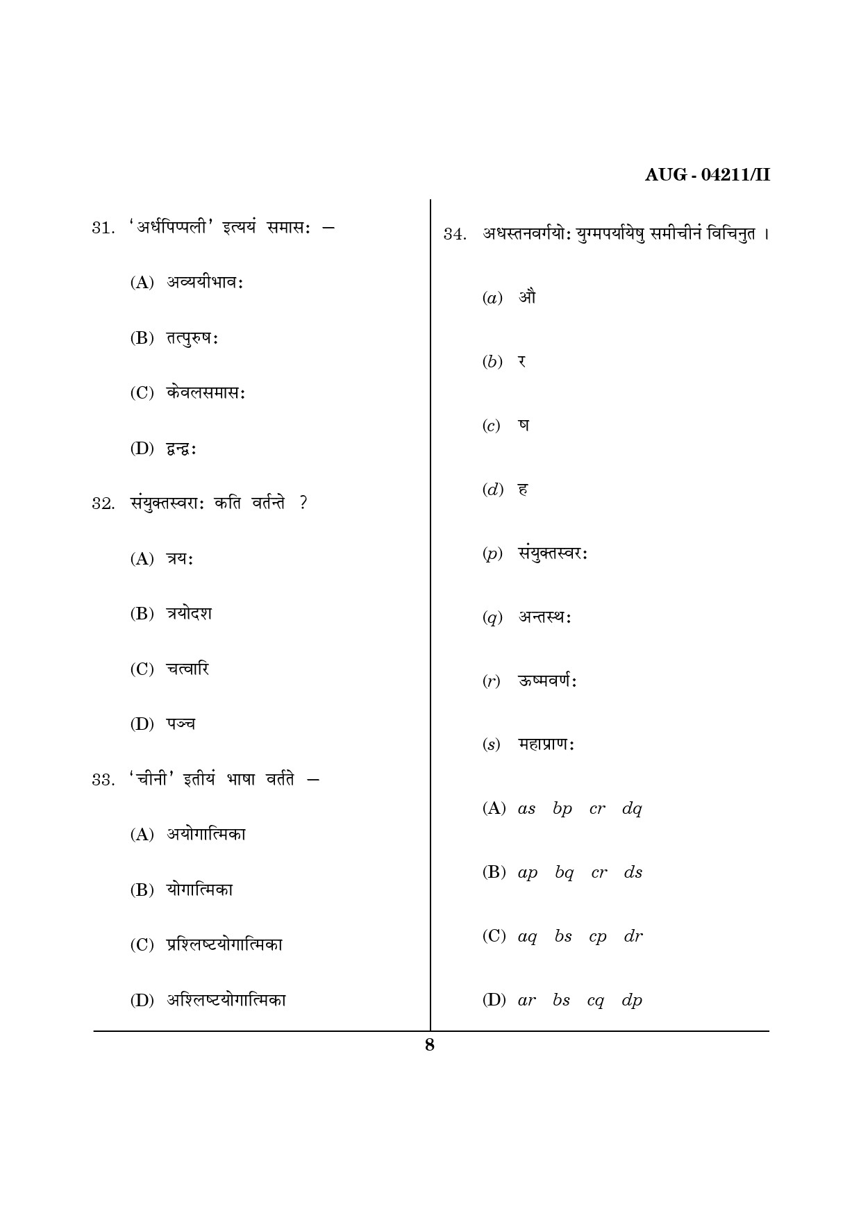 Maharashtra SET Sanskrit Question Paper II August 2011 8