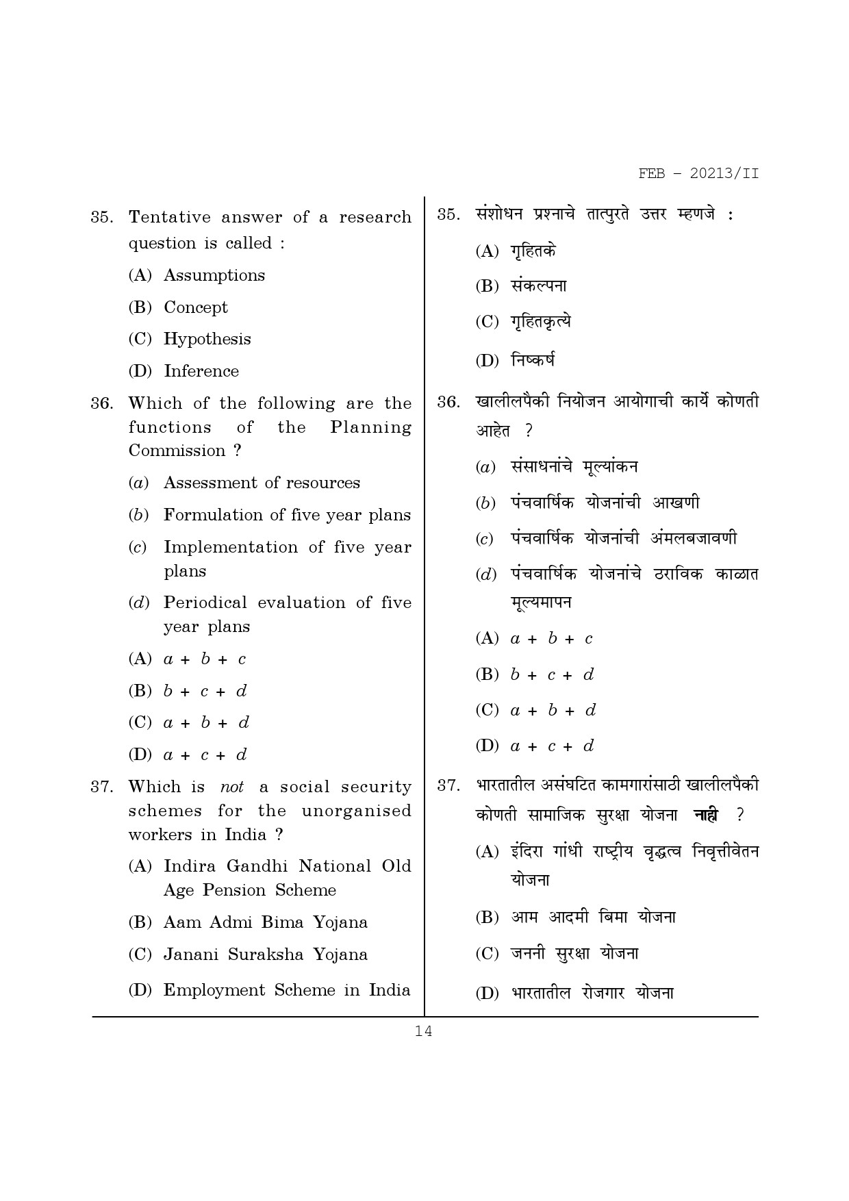 Maharashtra SET Social Work Question Paper II February 2013 14