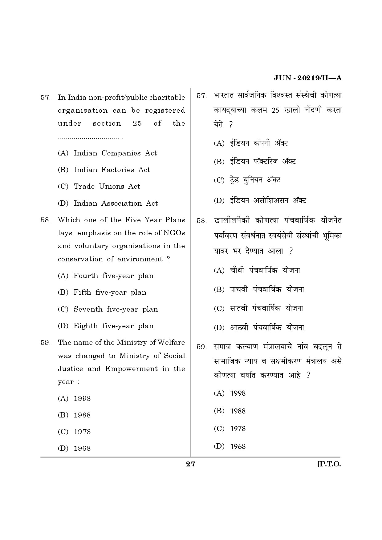 Maharashtra SET Social Work Question Paper II June 2019 26