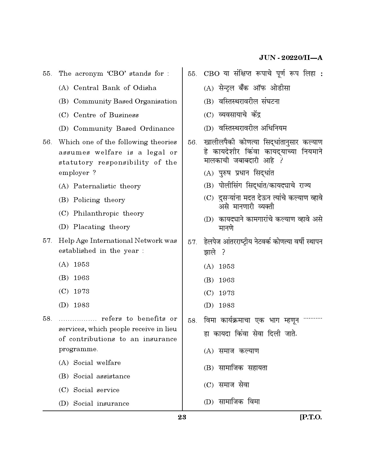 Maharashtra SET Social Work Question Paper II June 2020 22