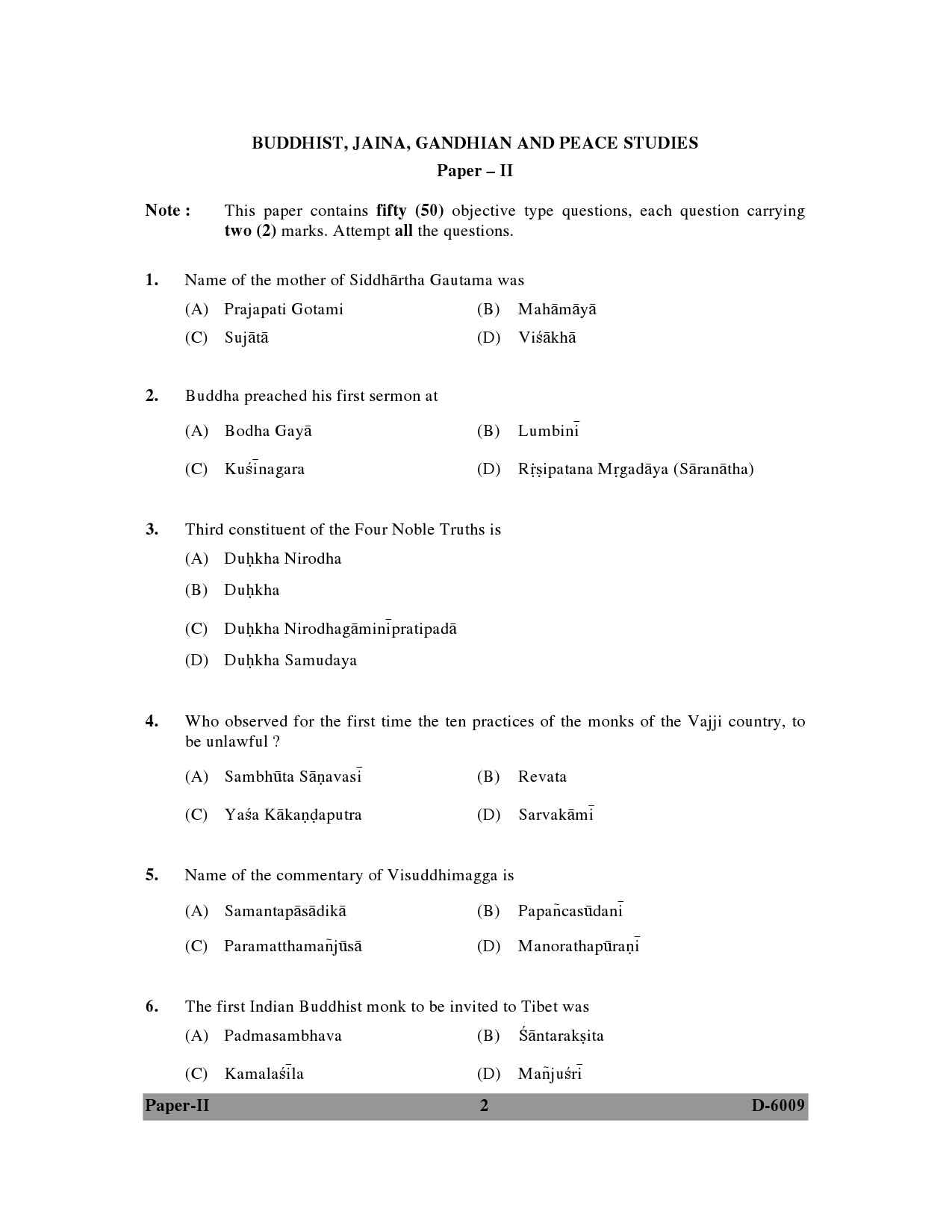 UGC NET Buddhist Jaina Gandhian and Peace Studies Question Paper II December 2009 2