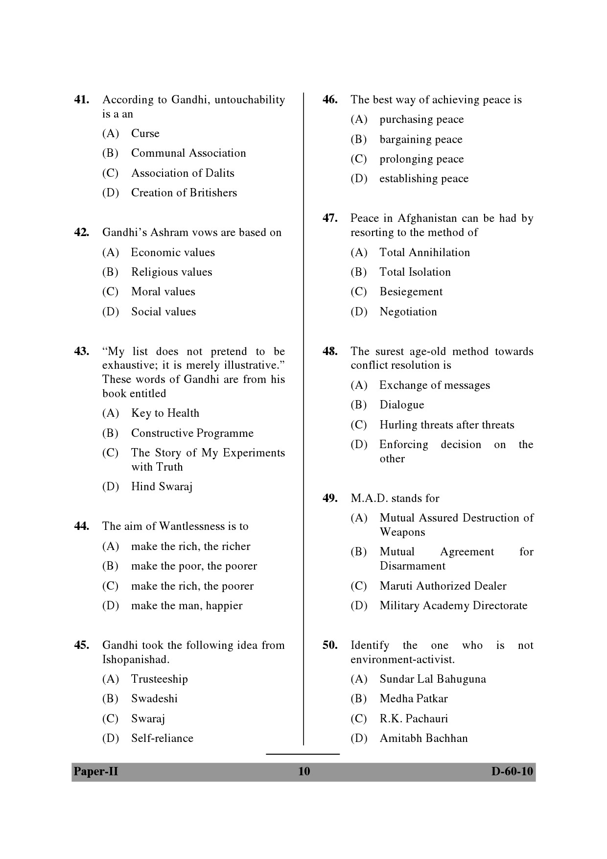 UGC NET Buddhist Jaina Gandhian and Peace Studies Question Paper II December 2010 10