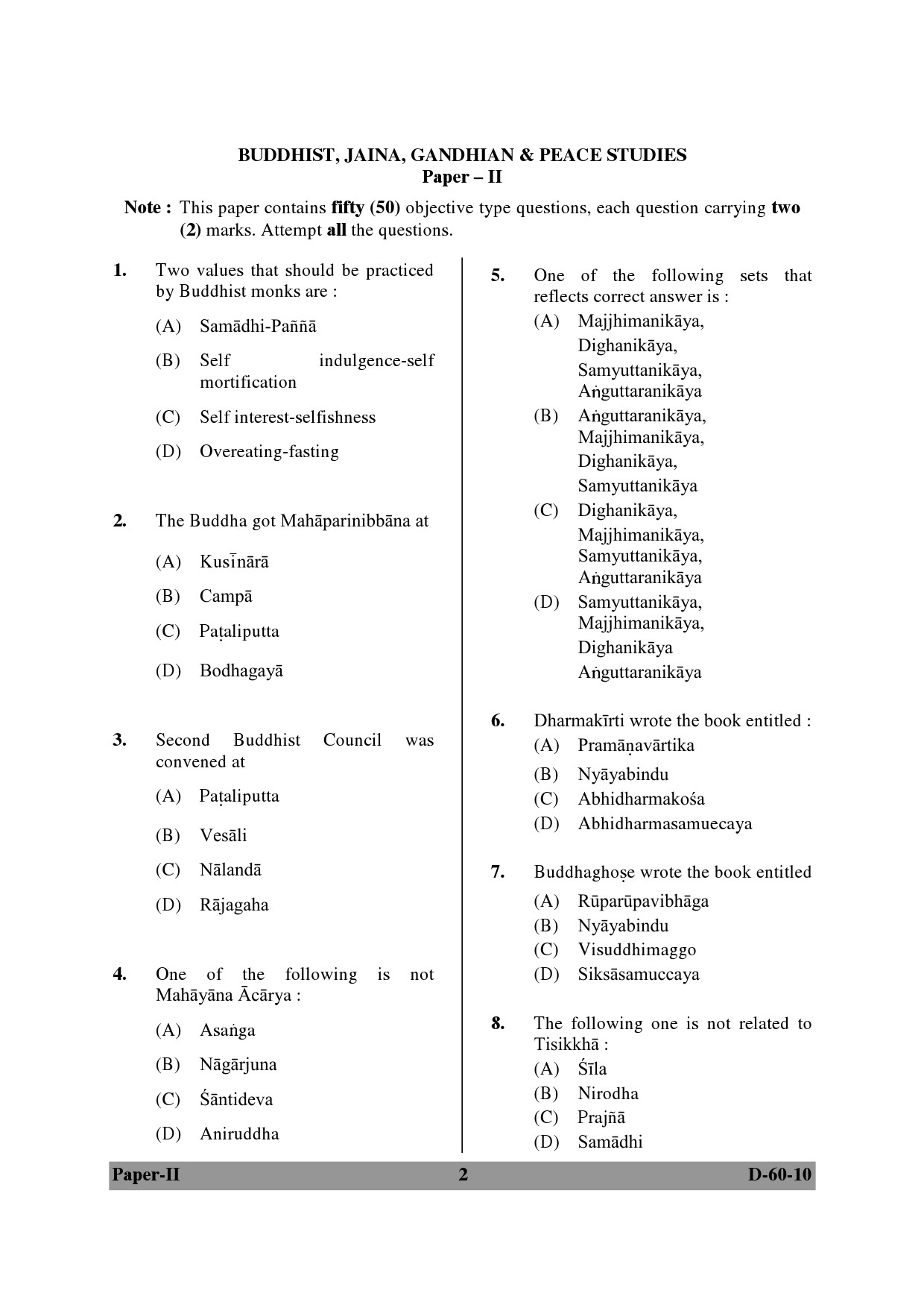 UGC NET Buddhist Jaina Gandhian and Peace Studies Question Paper II December 2010 2