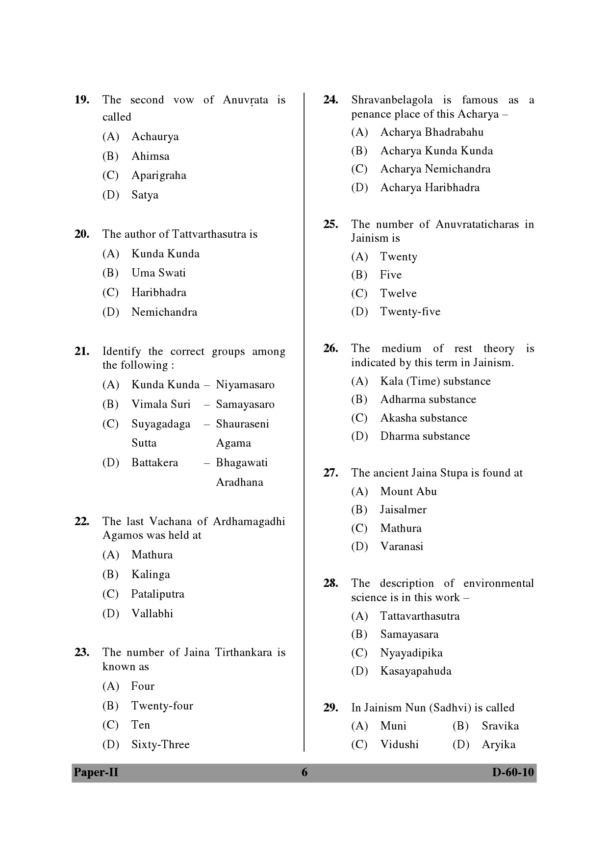 UGC NET Buddhist Jaina Gandhian and Peace Studies Question Paper II December 2010 6