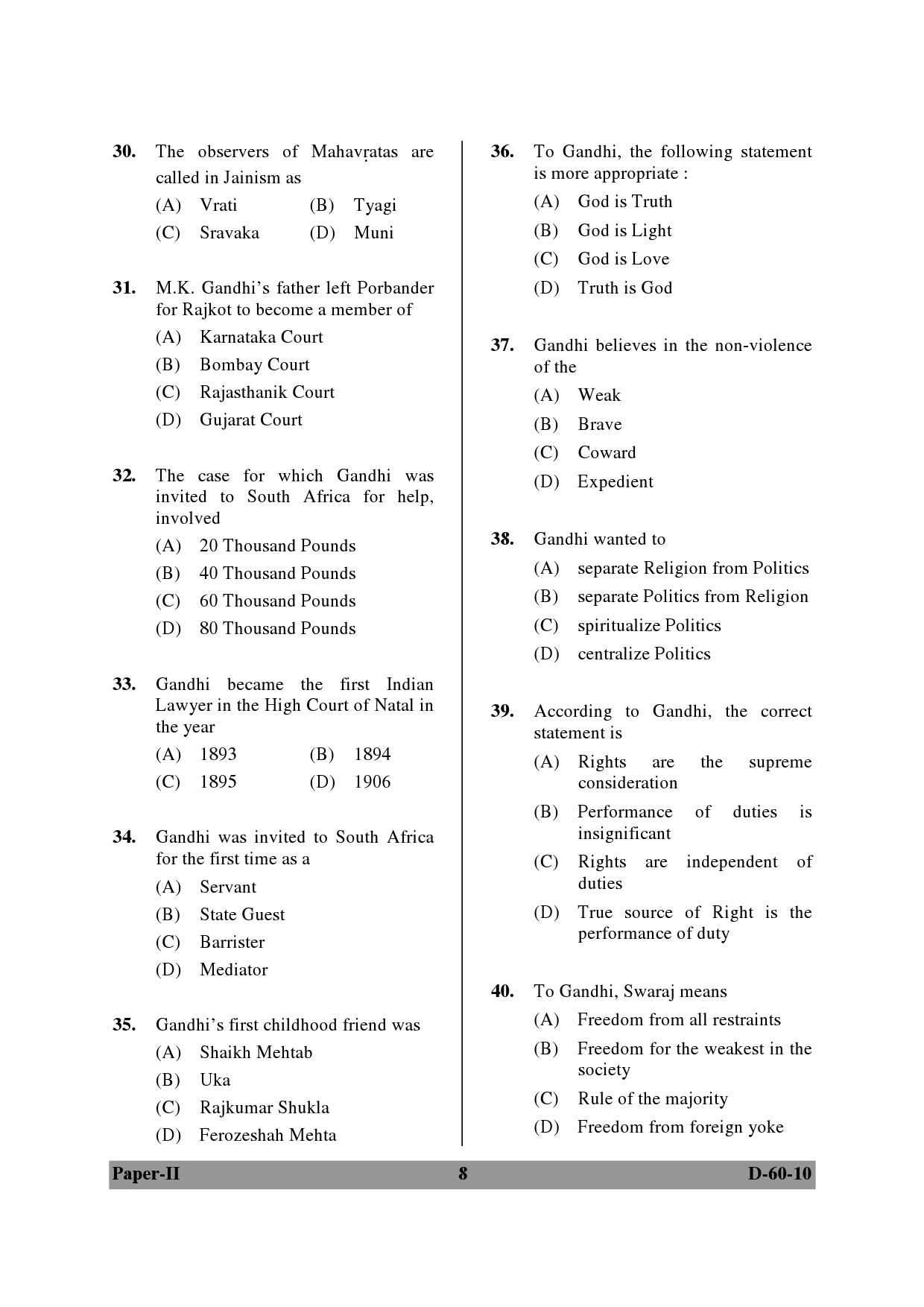 UGC NET Buddhist Jaina Gandhian and Peace Studies Question Paper II December 2010 8