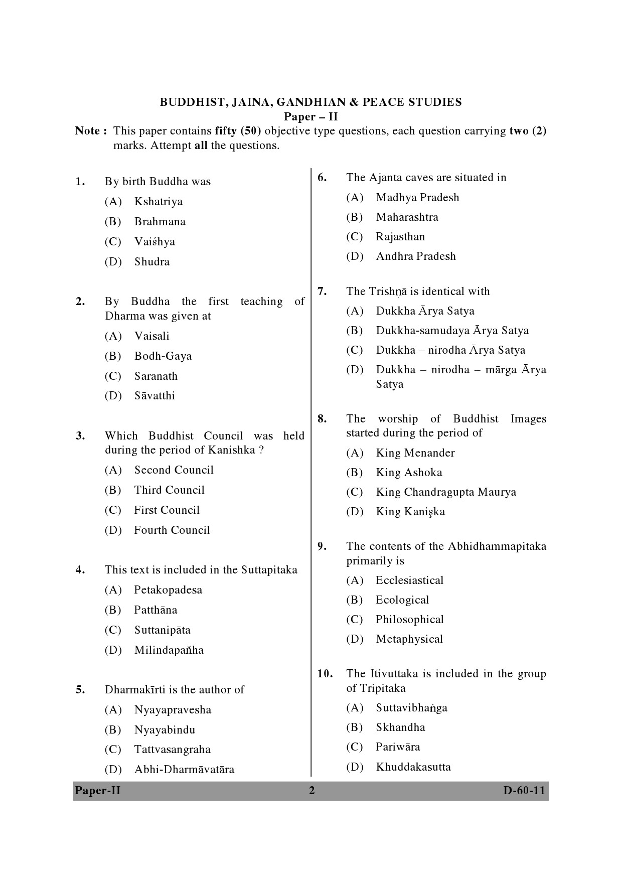 UGC NET Buddhist Jaina Gandhian and Peace Studies Question Paper II December 2011 2