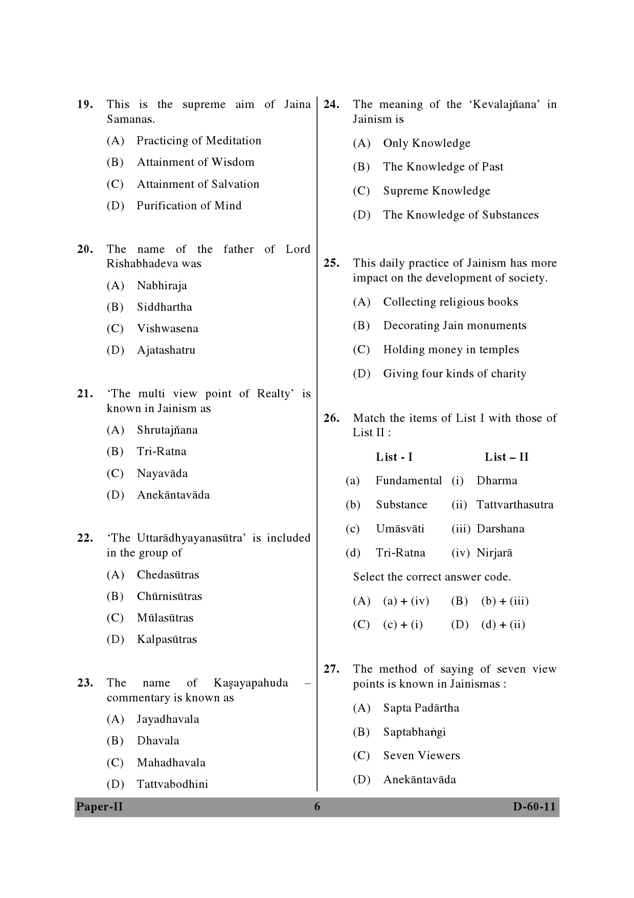 UGC NET Buddhist Jaina Gandhian and Peace Studies Question Paper II December 2011 6