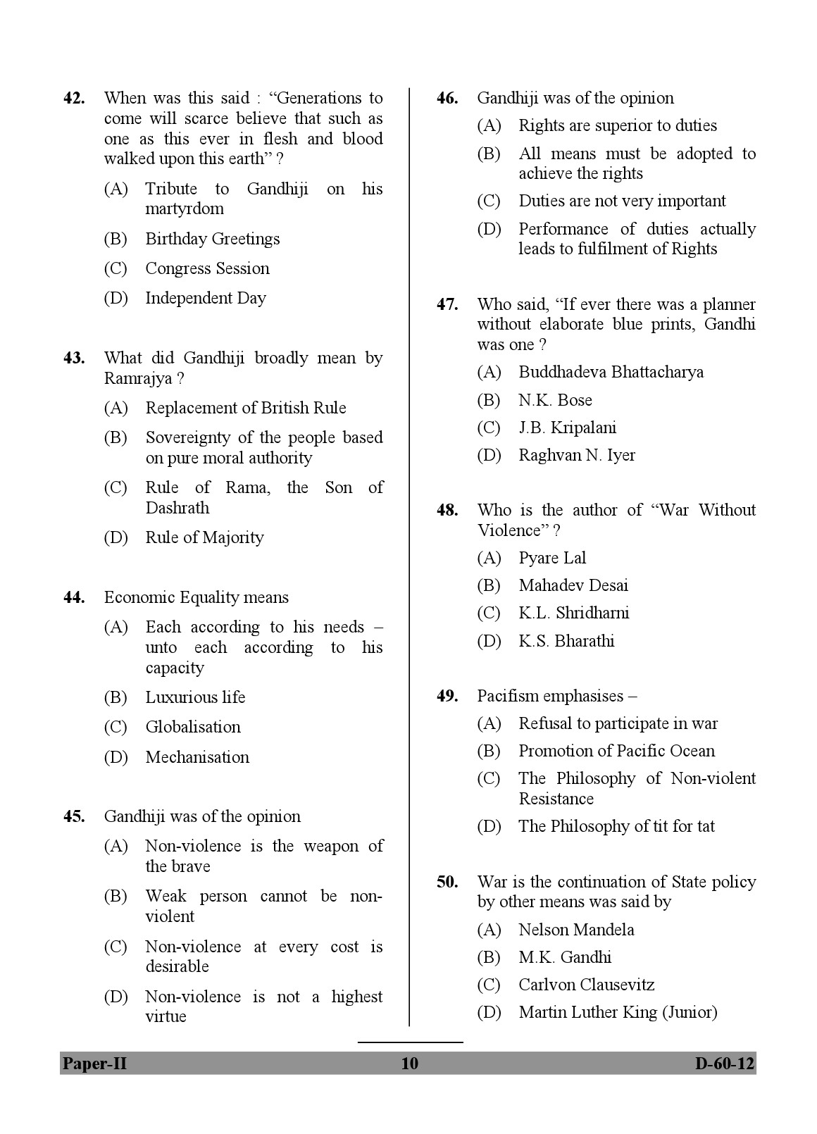 UGC NET Buddhist Jaina Gandhian and Peace Studies Question Paper II December 2012 10