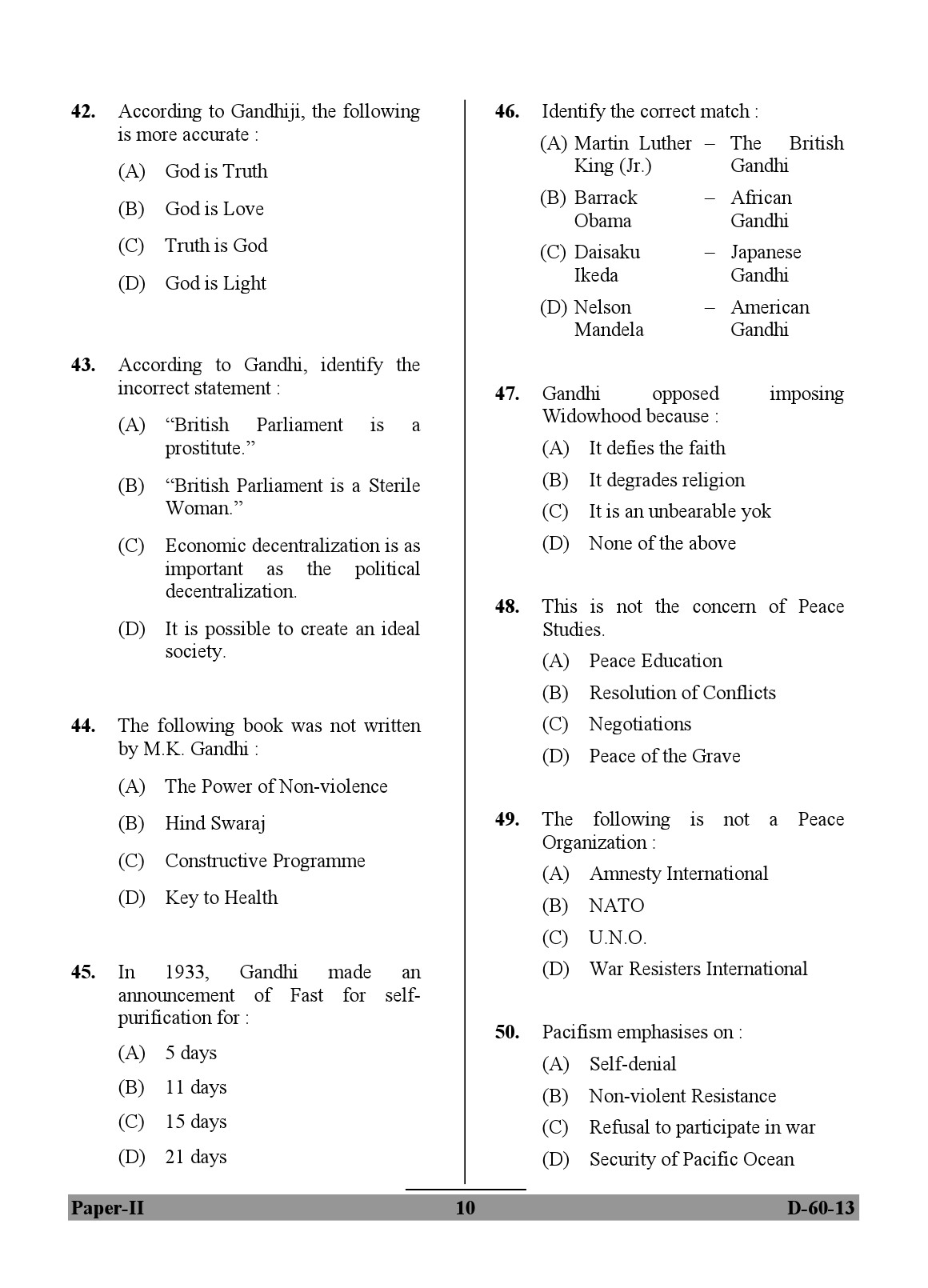 UGC NET Buddhist Jaina Gandhian and Peace Studies Question Paper II December 2013 10