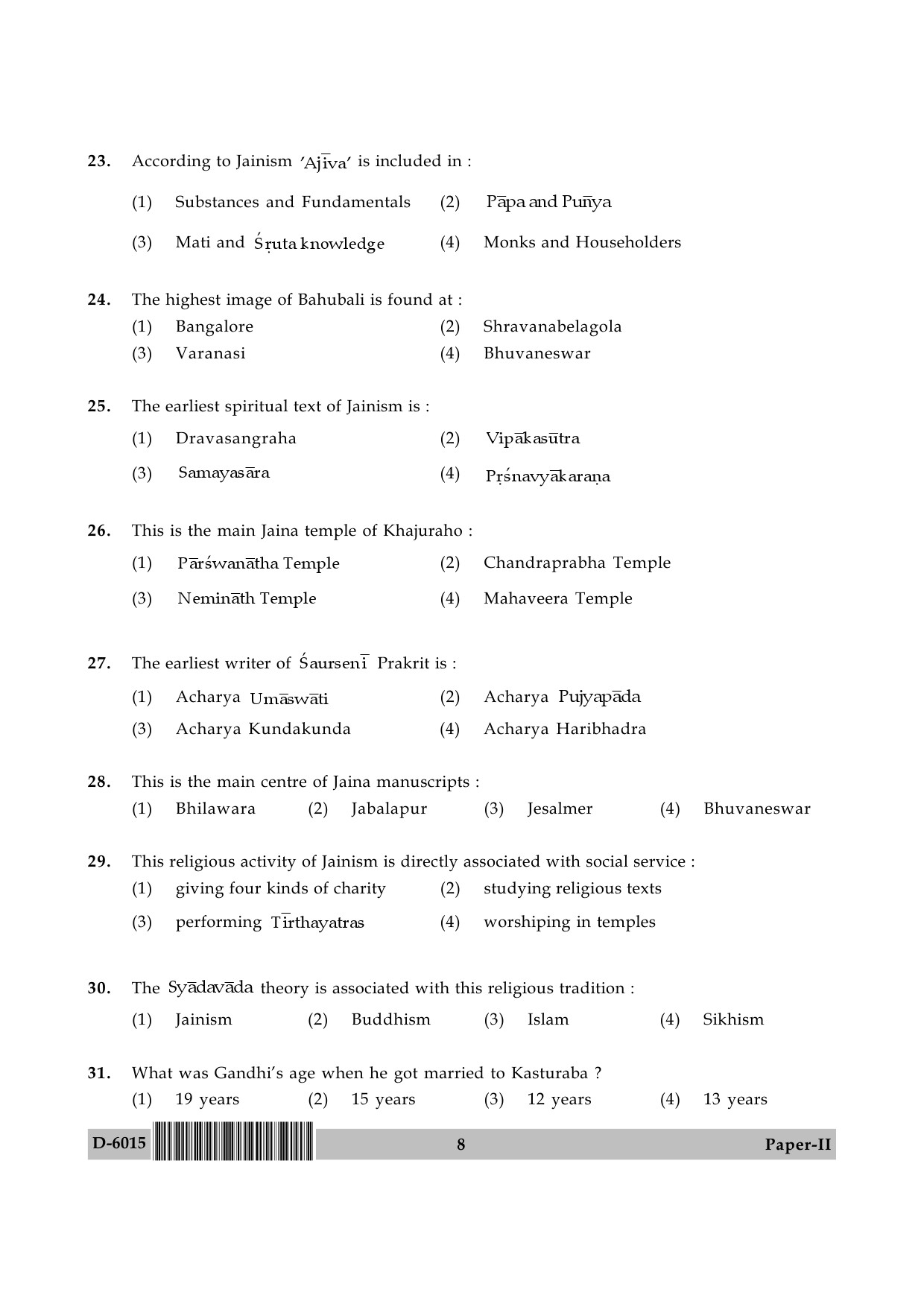 UGC NET Buddhist Jaina Gandhian and Peace Studies Question Paper II December 2015 8