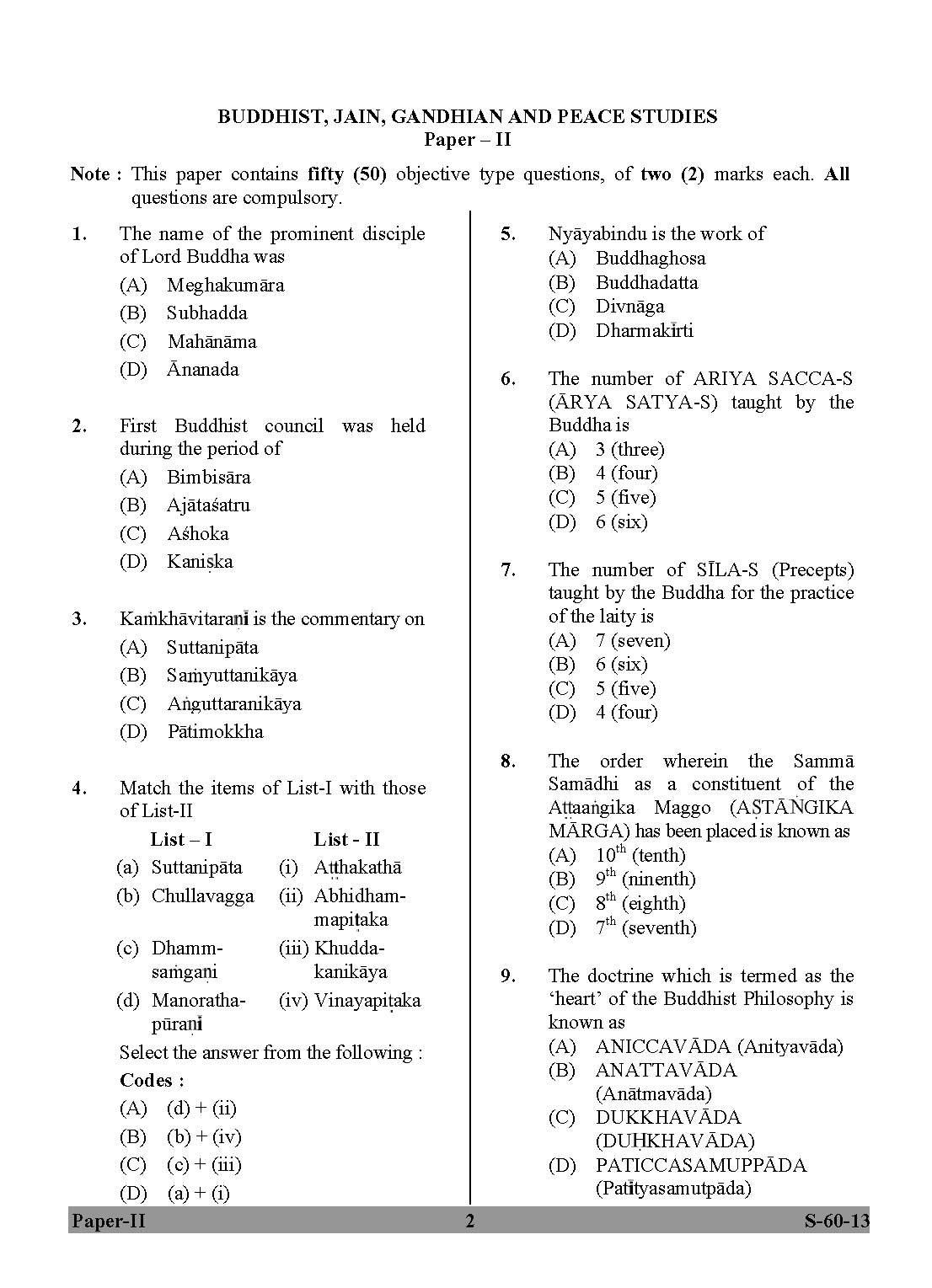 UGC NET Buddhist Jaina Gandhian and Peace Studies Question Paper II Exam September 2013 2