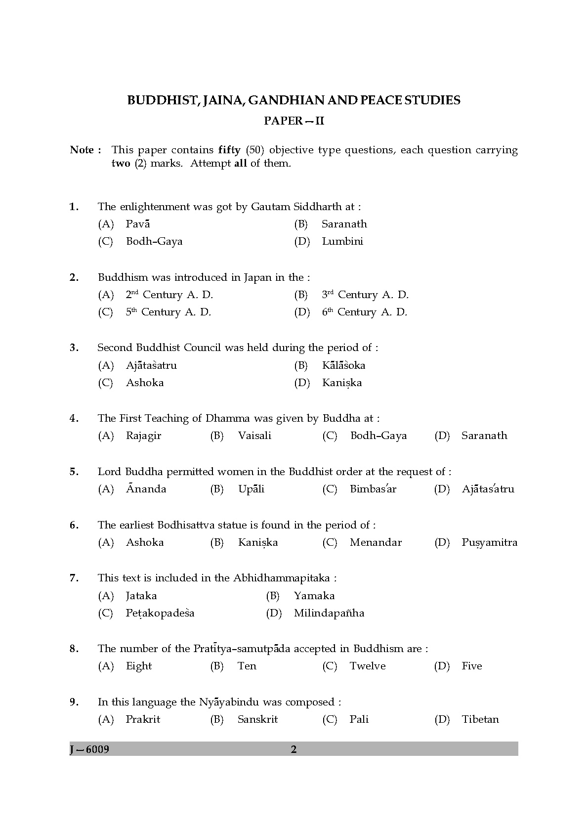 UGC NET Buddhist Jaina Gandhian and Peace Studies Question Paper II June 2009 2