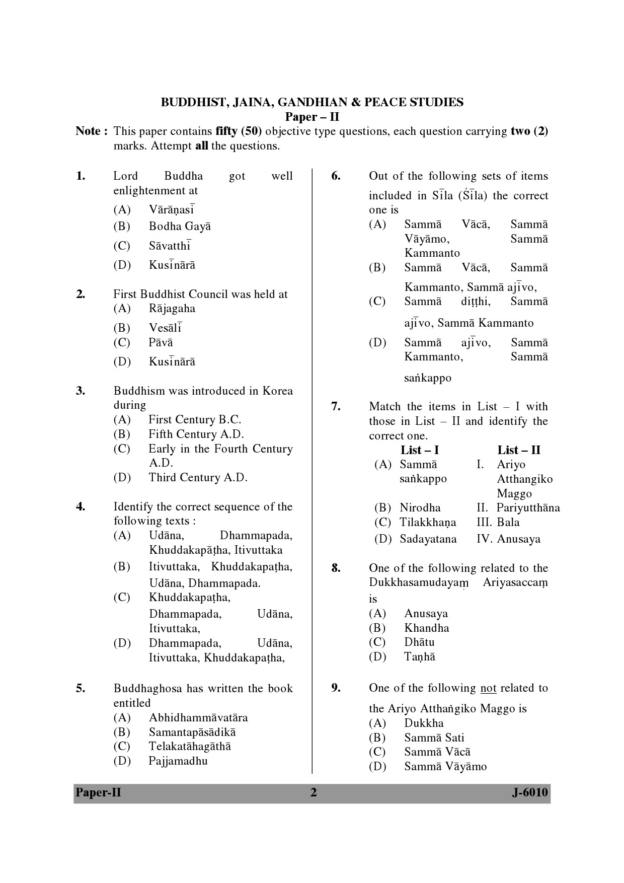 UGC NET Buddhist Jaina Gandhian and Peace Studies Question Paper II June 2010 2