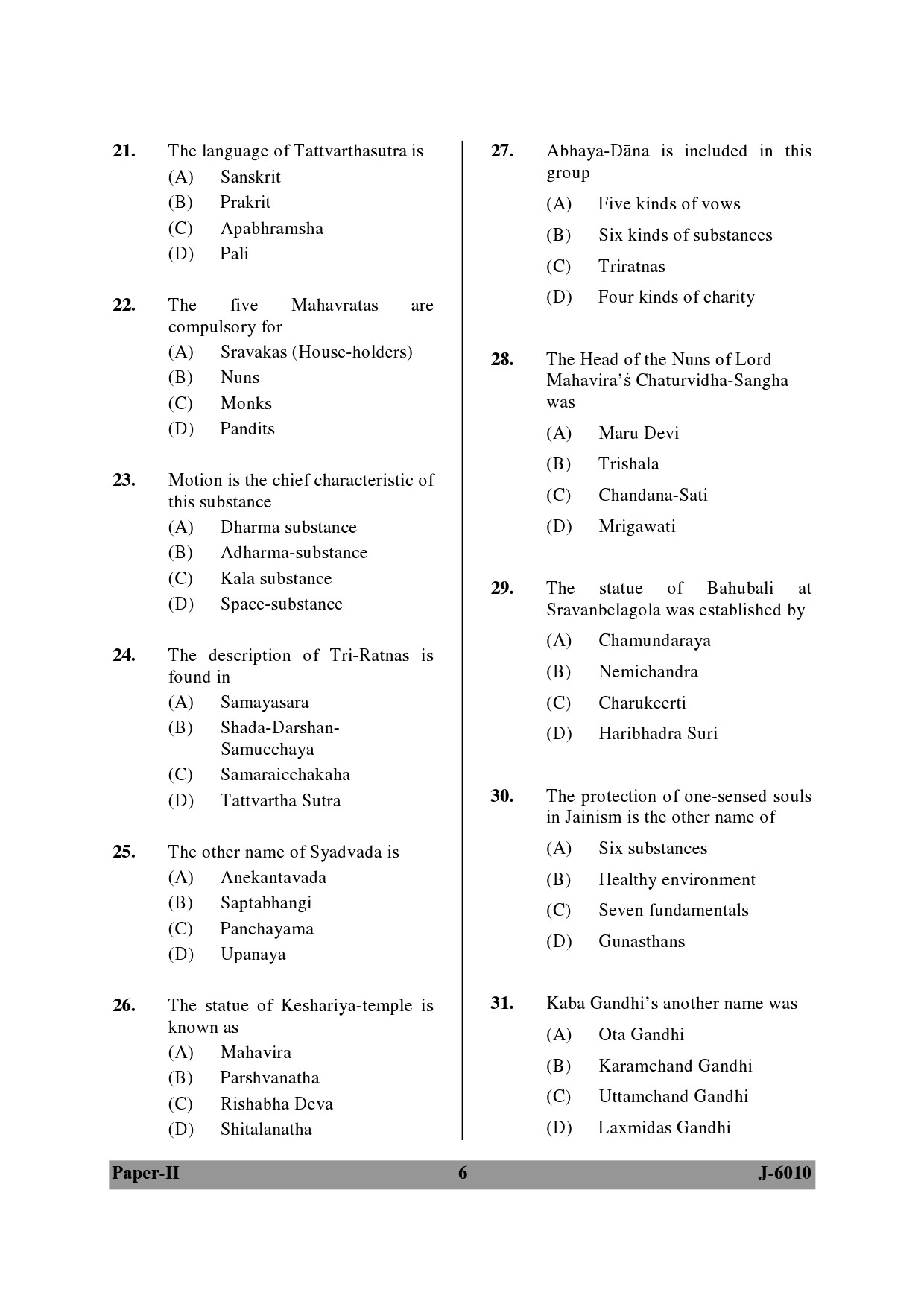 UGC NET Buddhist Jaina Gandhian and Peace Studies Question Paper II June 2010 6