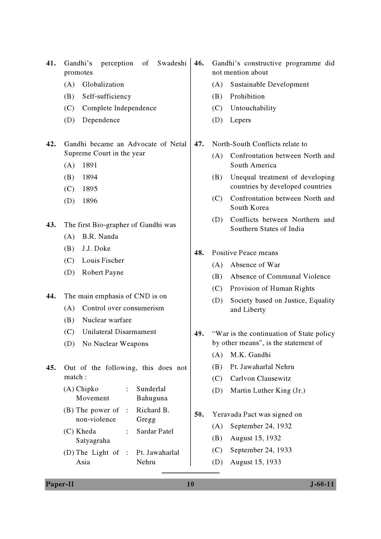 UGC NET Buddhist Jaina Gandhian and Peace Studies Question Paper II June 2011 10