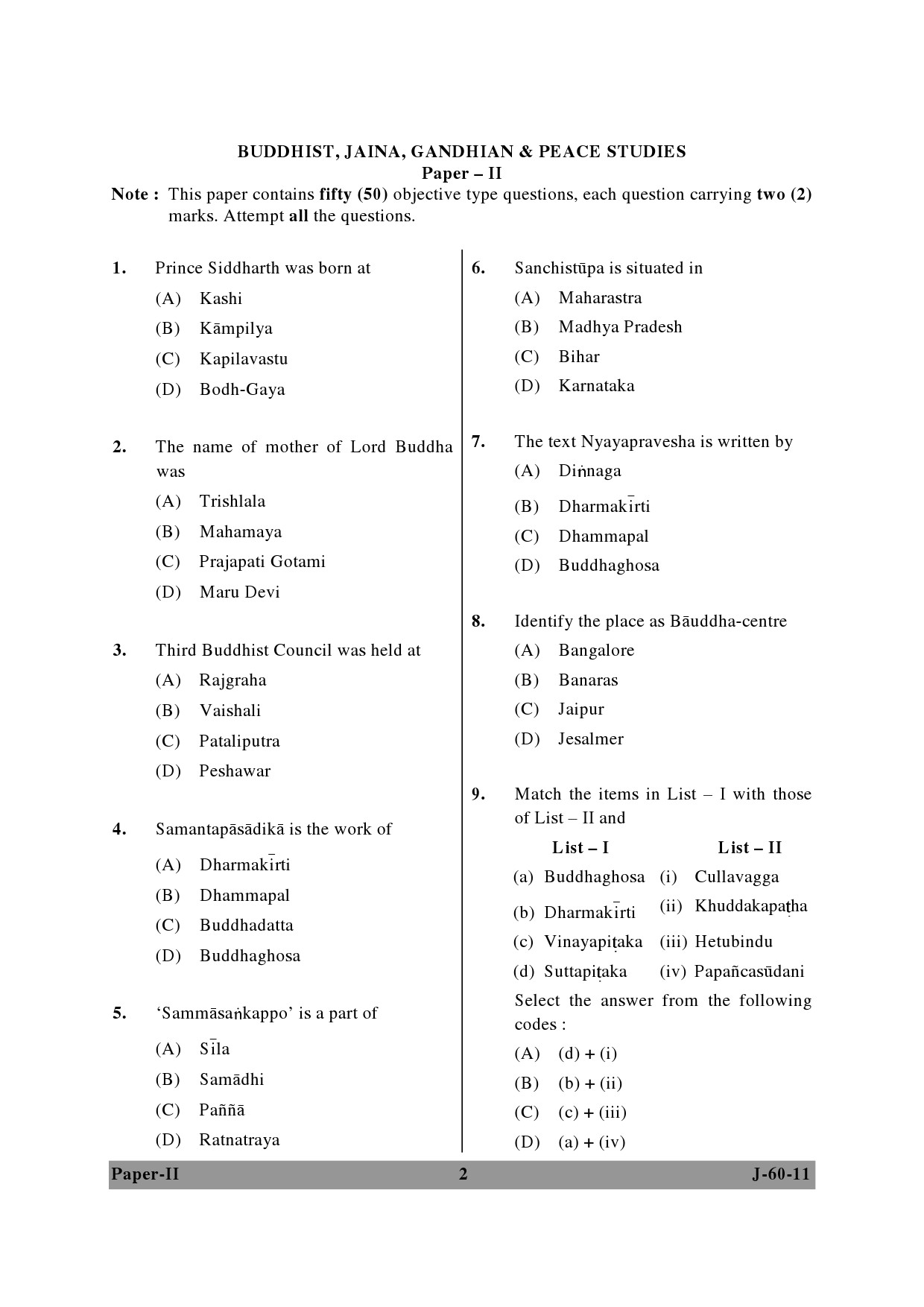 UGC NET Buddhist Jaina Gandhian and Peace Studies Question Paper II June 2011 2