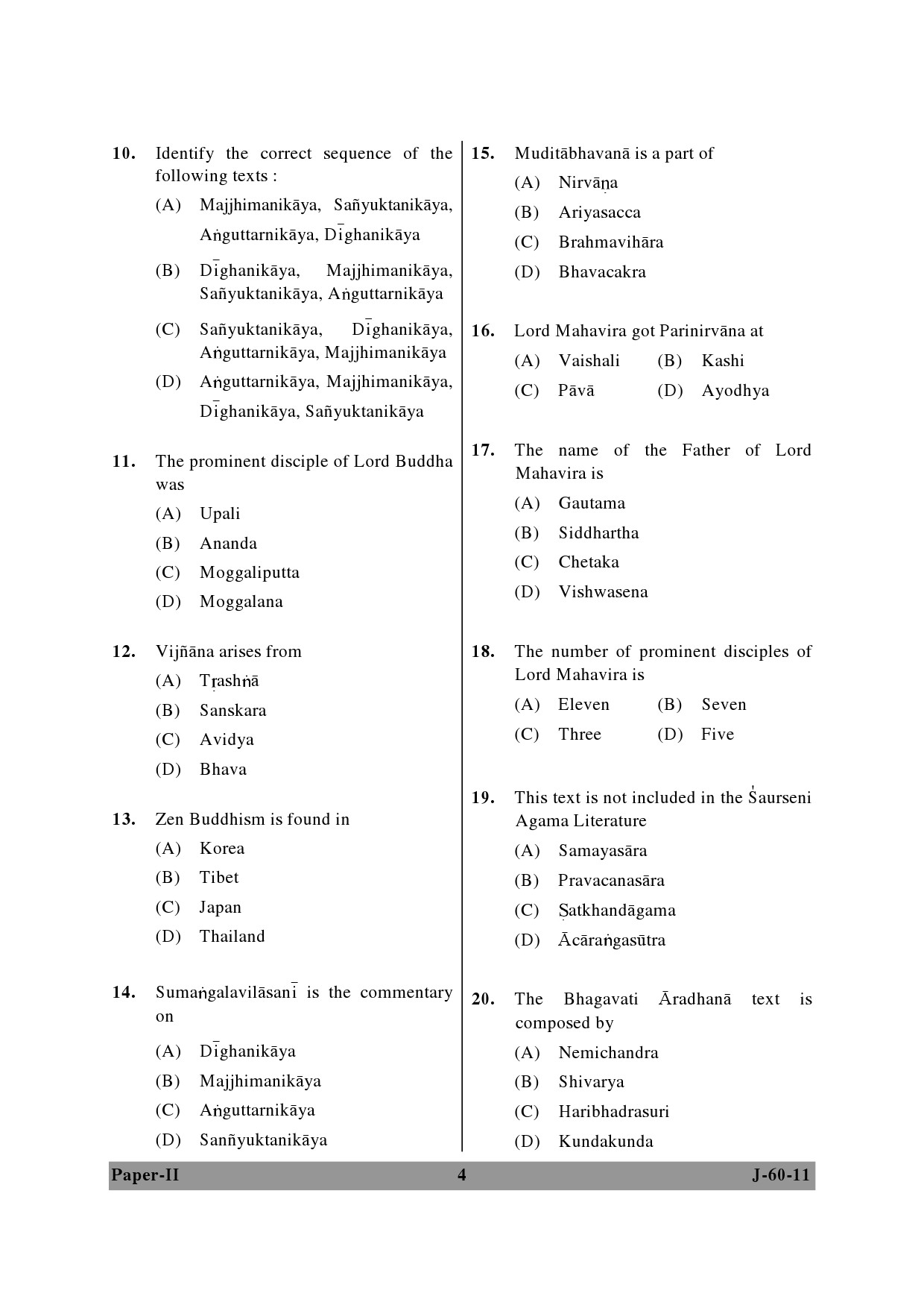 UGC NET Buddhist Jaina Gandhian and Peace Studies Question Paper II June 2011 4