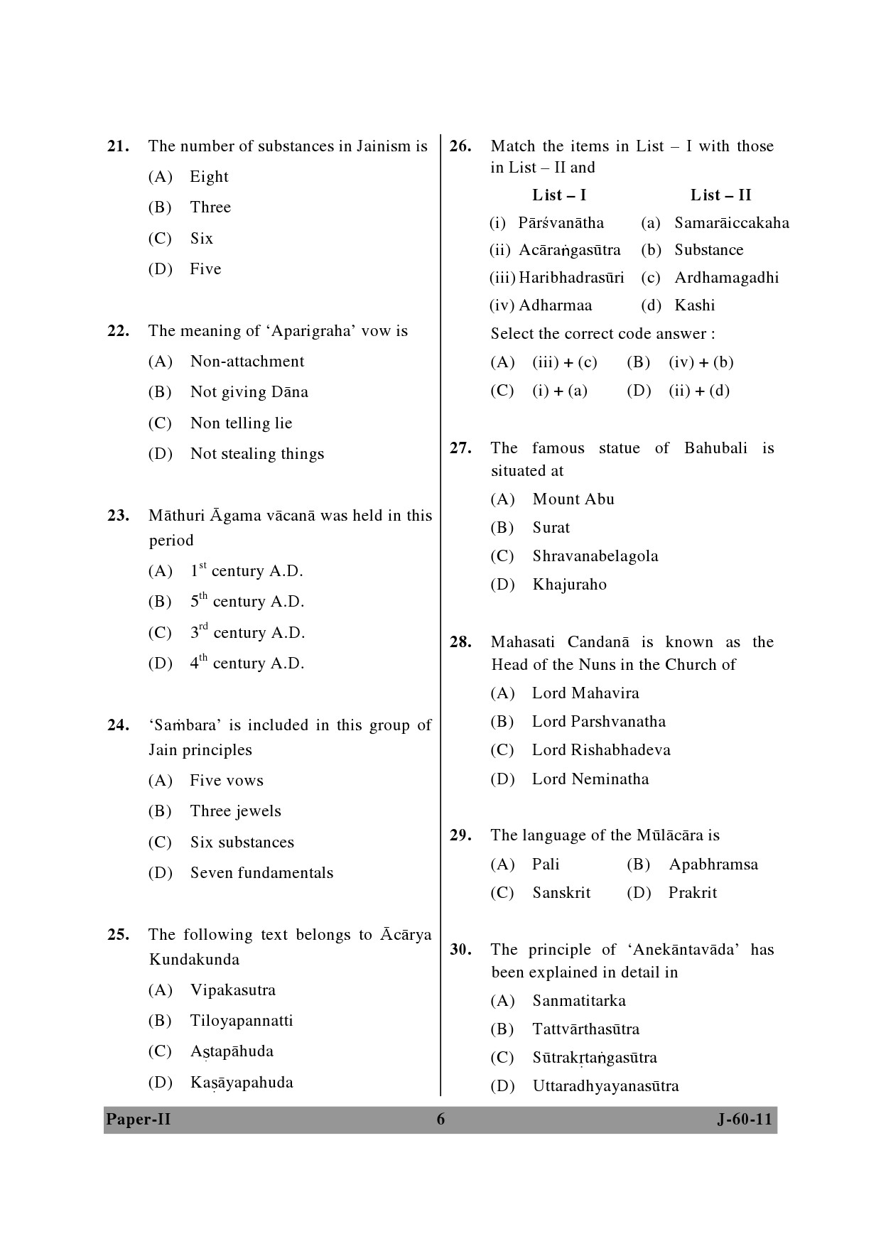 UGC NET Buddhist Jaina Gandhian and Peace Studies Question Paper II June 2011 6